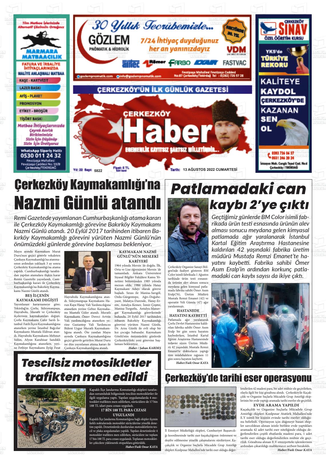 Çerkezköy Haber Gazete Manşeti