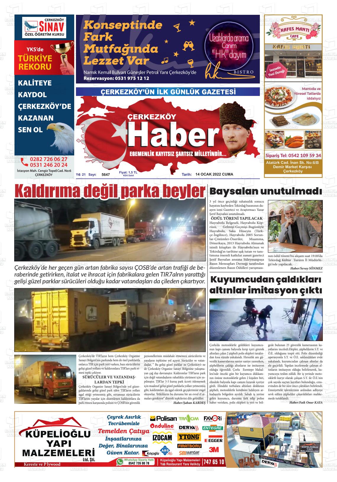 14 Ocak 2022 Çerkezköy Haber Gazete Manşeti