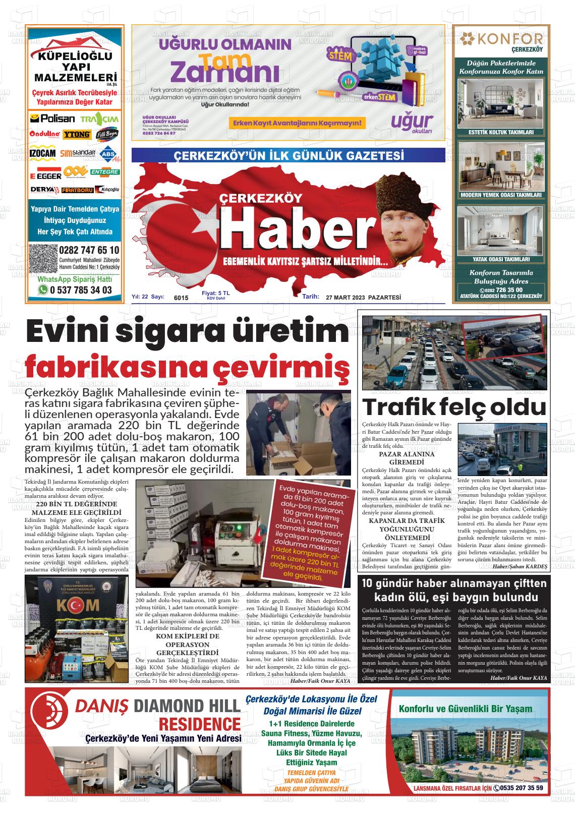 27 Mart 2023 Çerkezköy Haber Gazete Manşeti