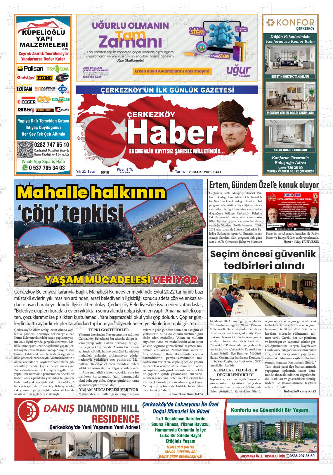 28 Mart 2023 Çerkezköy Haber Gazete Manşeti
