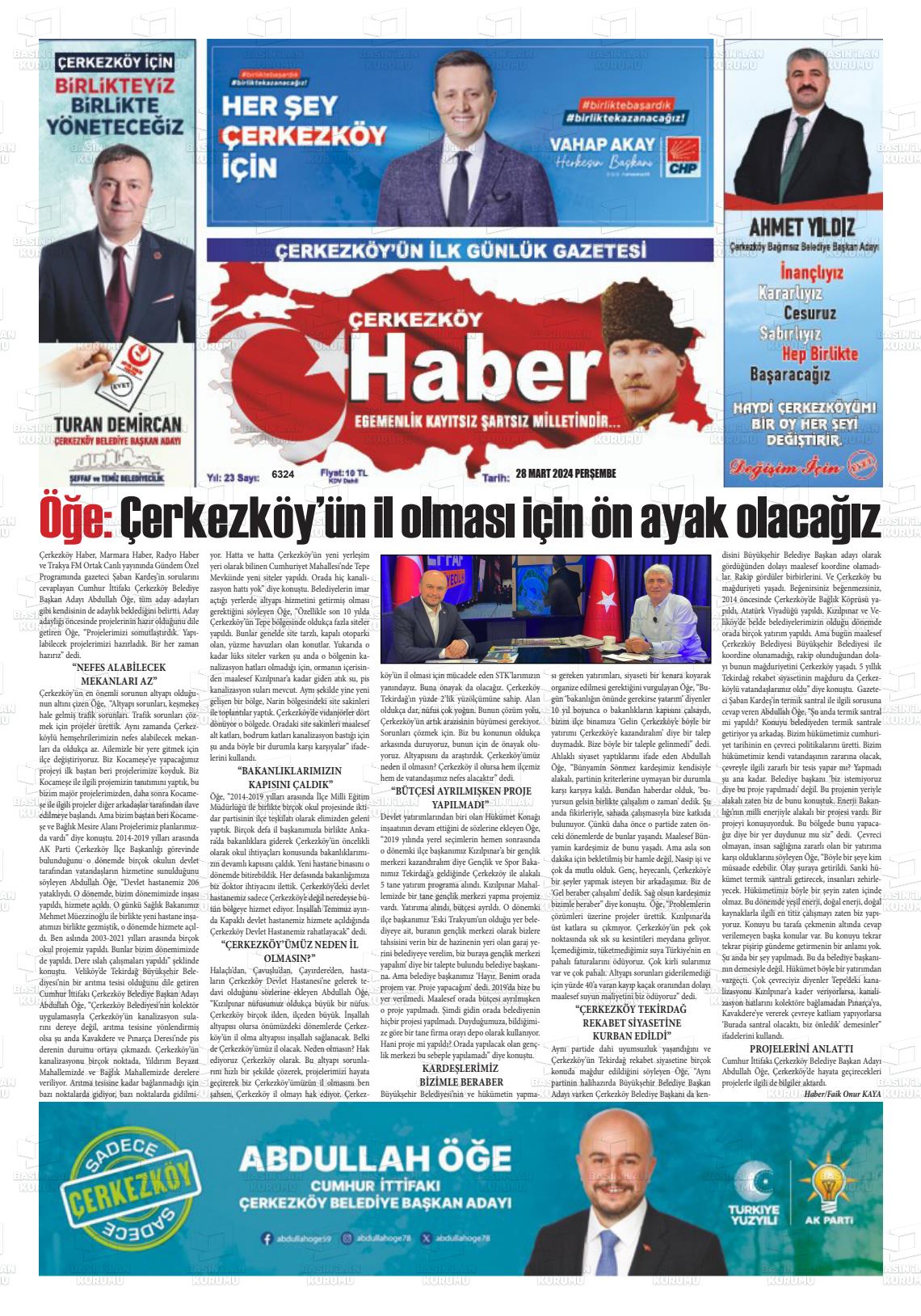 28 Mart 2024 Çerkezköy Haber Gazete Manşeti