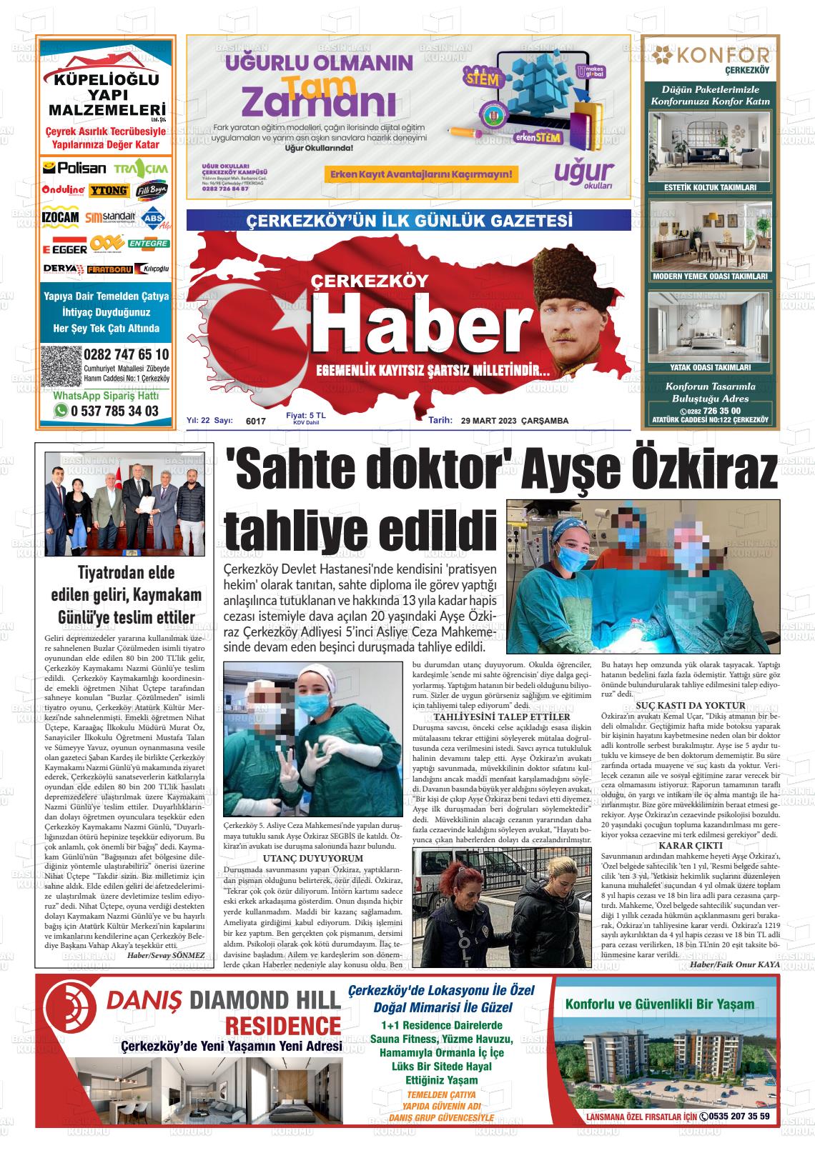 29 Mart 2023 Çerkezköy Haber Gazete Manşeti