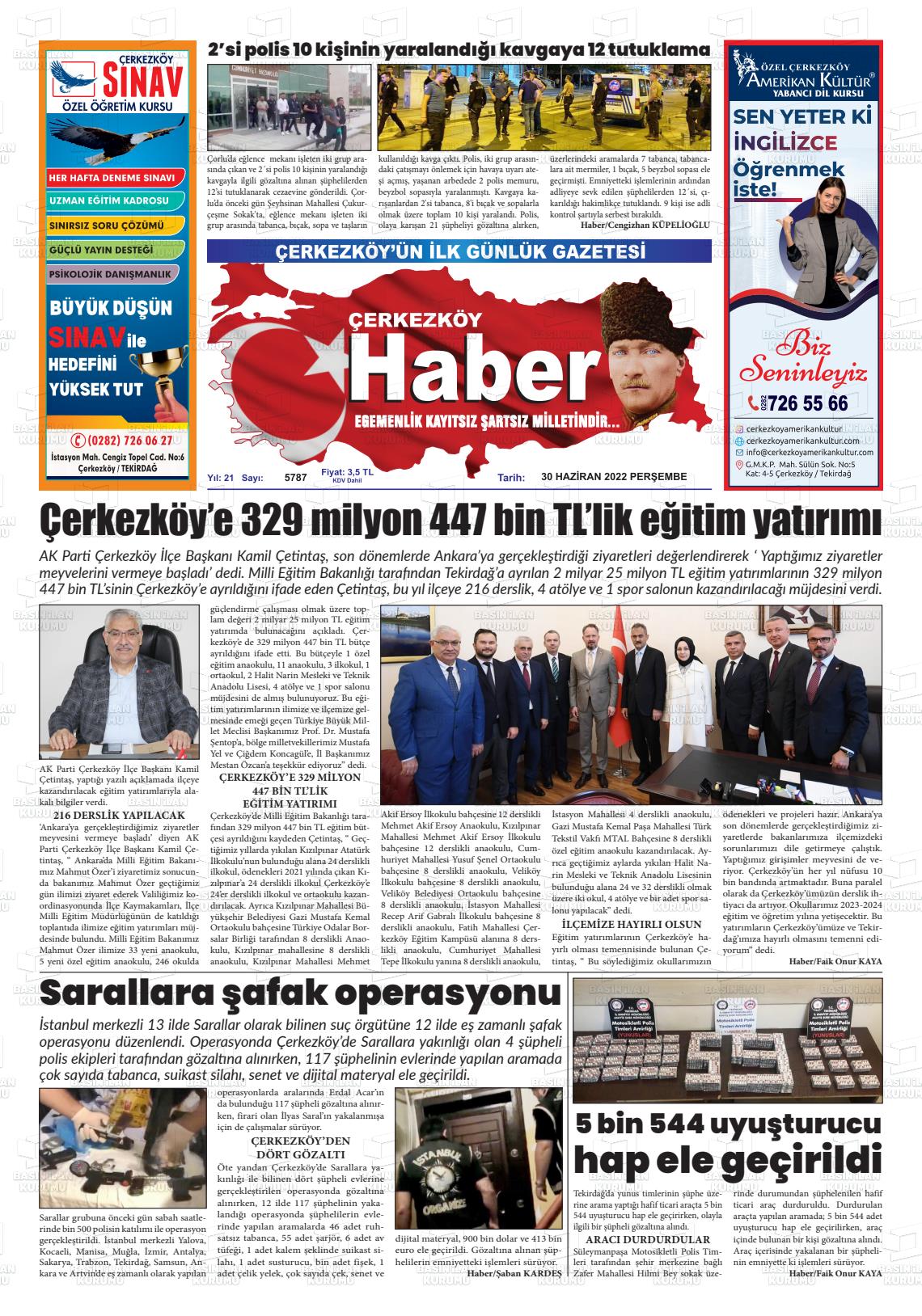 02 Temmuz 2022 Çerkezköy Haber Gazete Manşeti