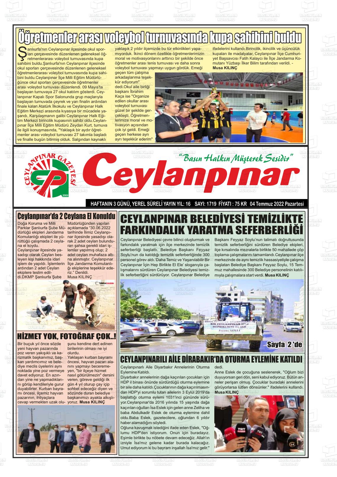 04 Temmuz 2022 Ceylanpınar Gazete Manşeti