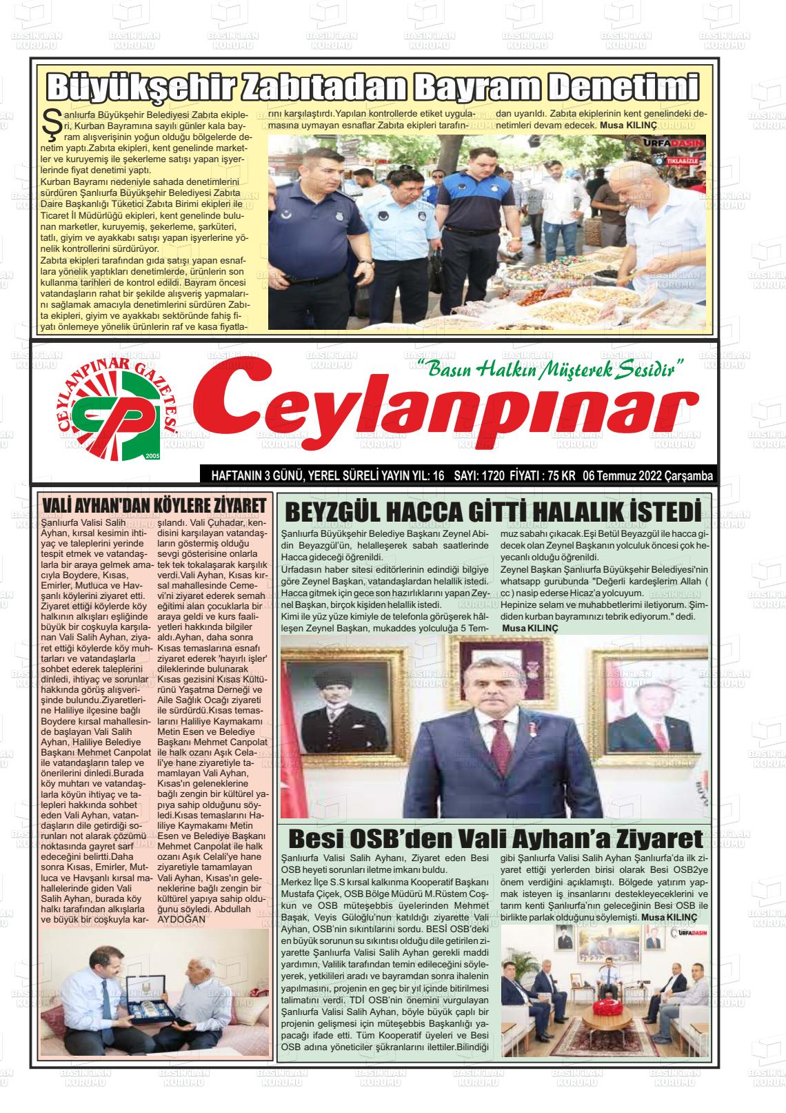 06 Temmuz 2022 Ceylanpınar Gazete Manşeti