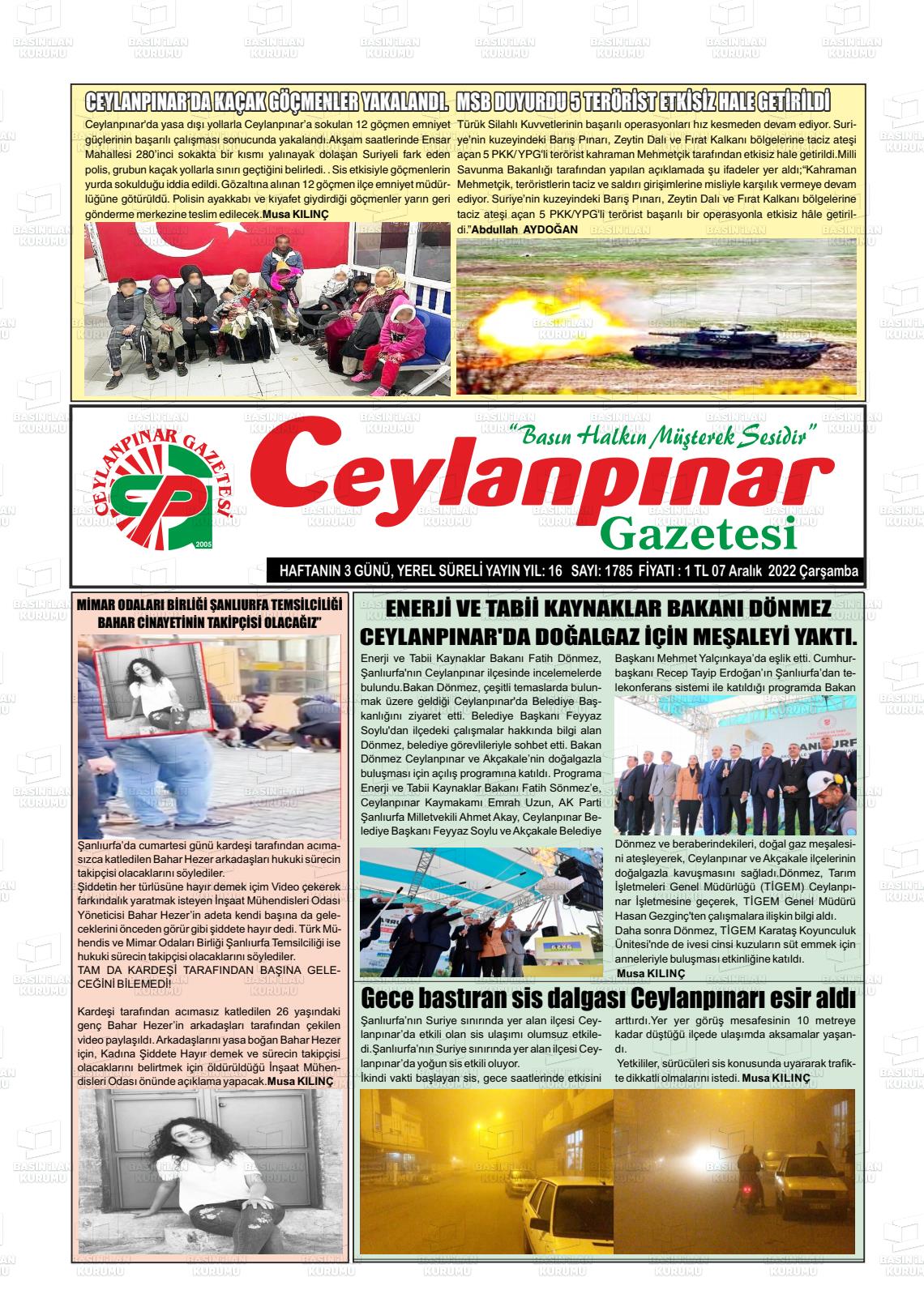 07 Aralık 2022 Ceylanpınar Gazete Manşeti