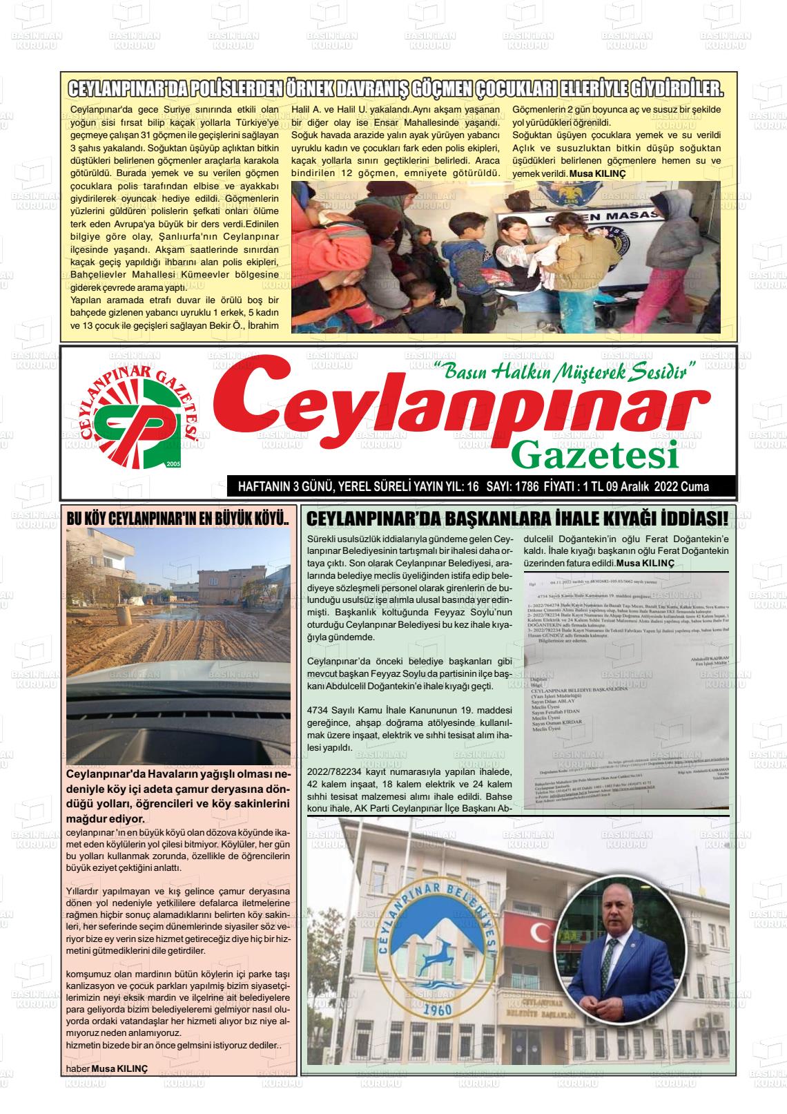 09 Aralık 2022 Ceylanpınar Gazete Manşeti