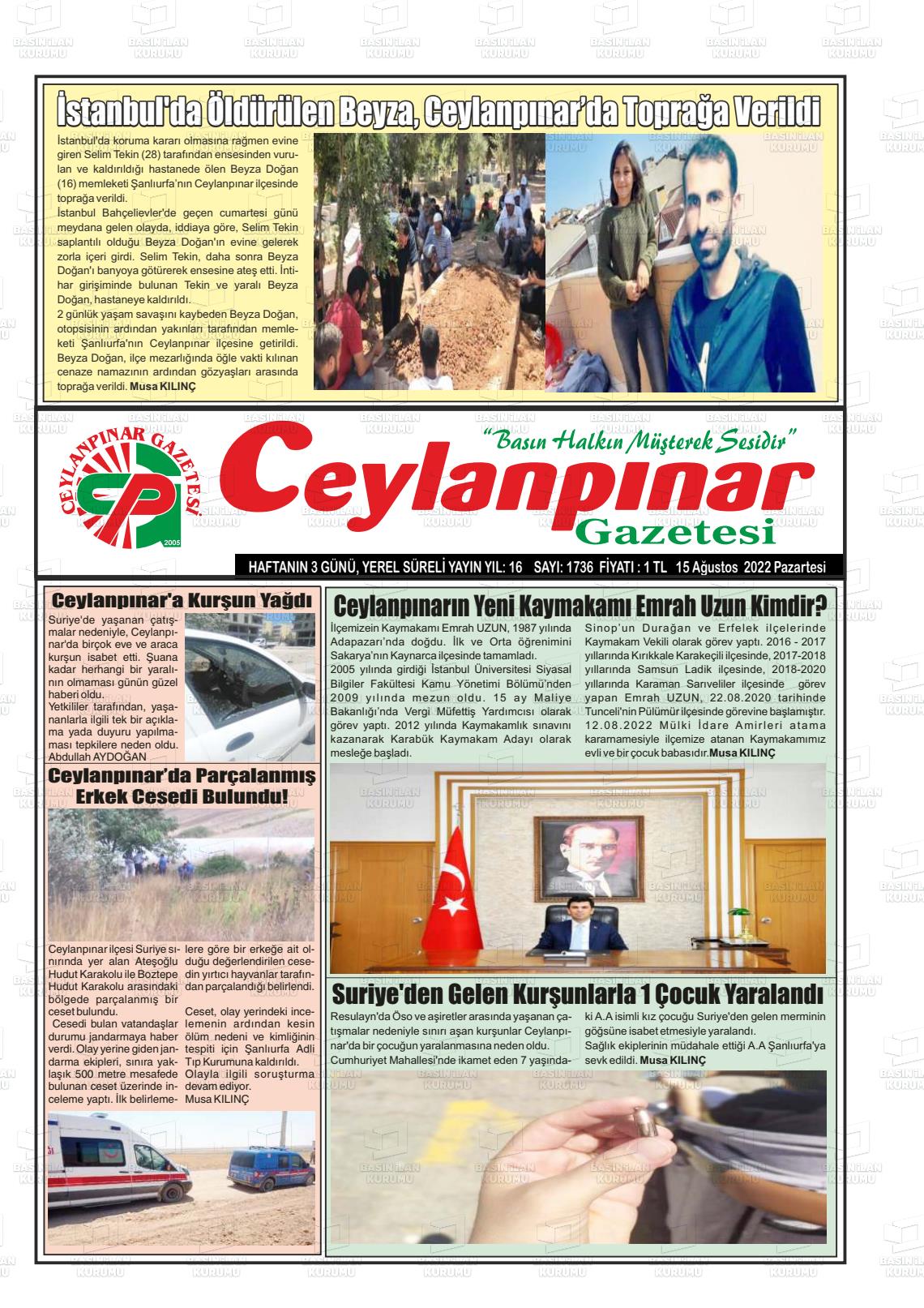 15 Ağustos 2022 Ceylanpınar Gazete Manşeti