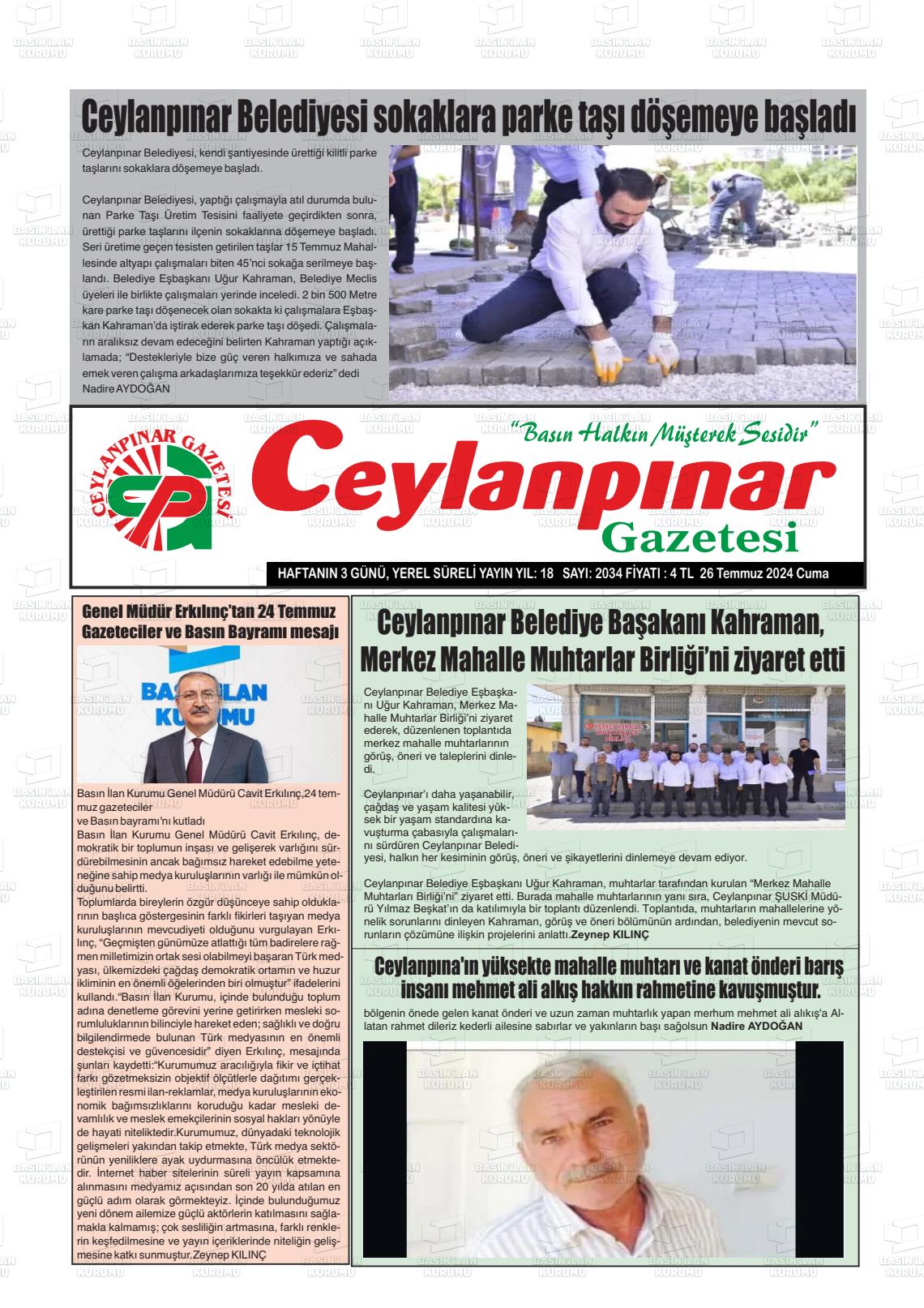 26 Temmuz 2024 Ceylanpınar Gazete Manşeti