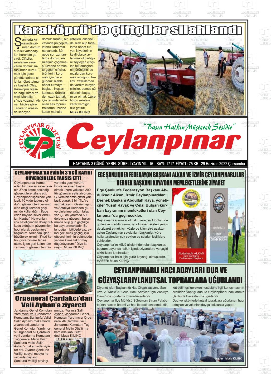 29 Haziran 2022 Ceylanpınar Gazete Manşeti