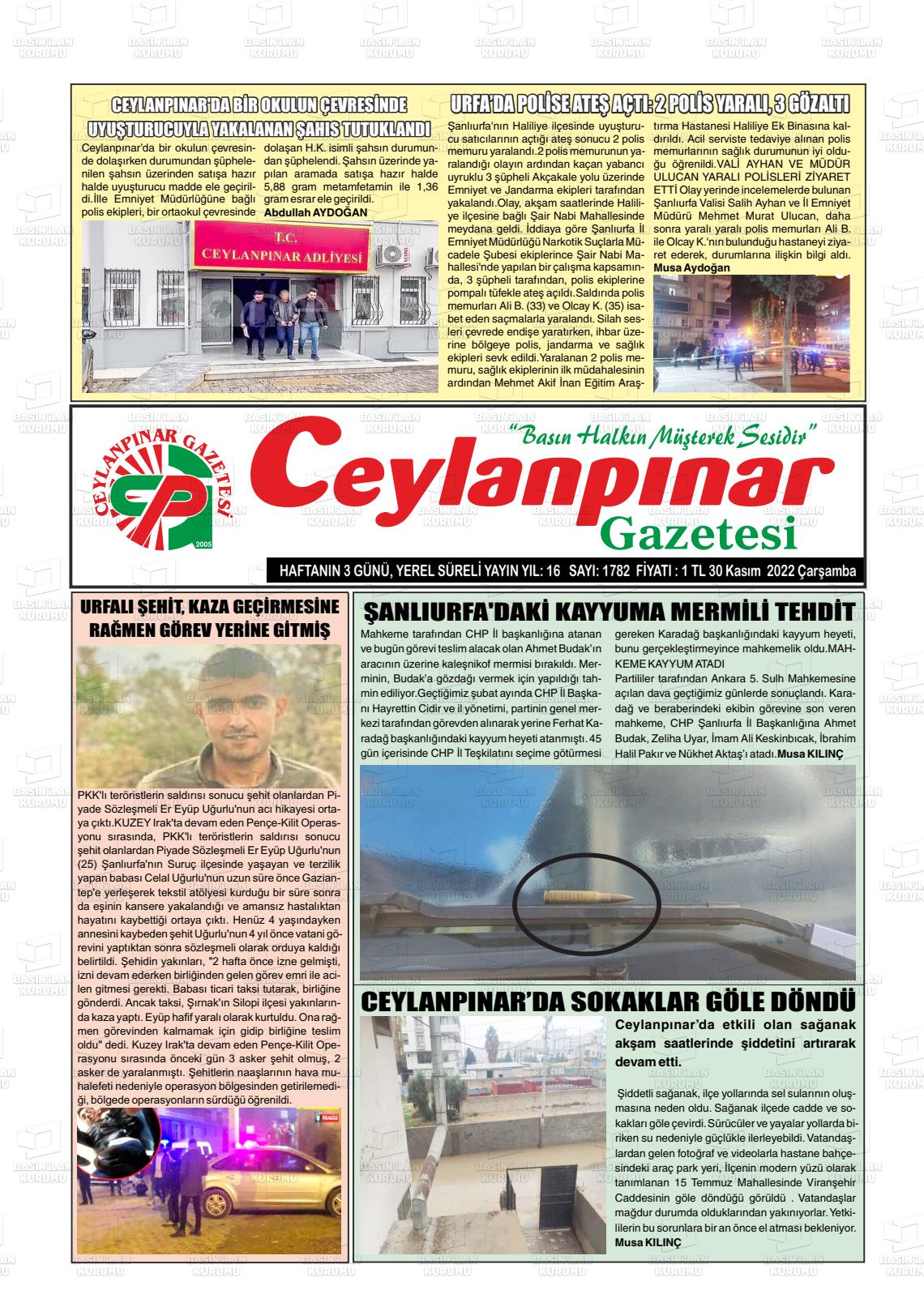 30 Kasım 2022 Ceylanpınar Gazete Manşeti