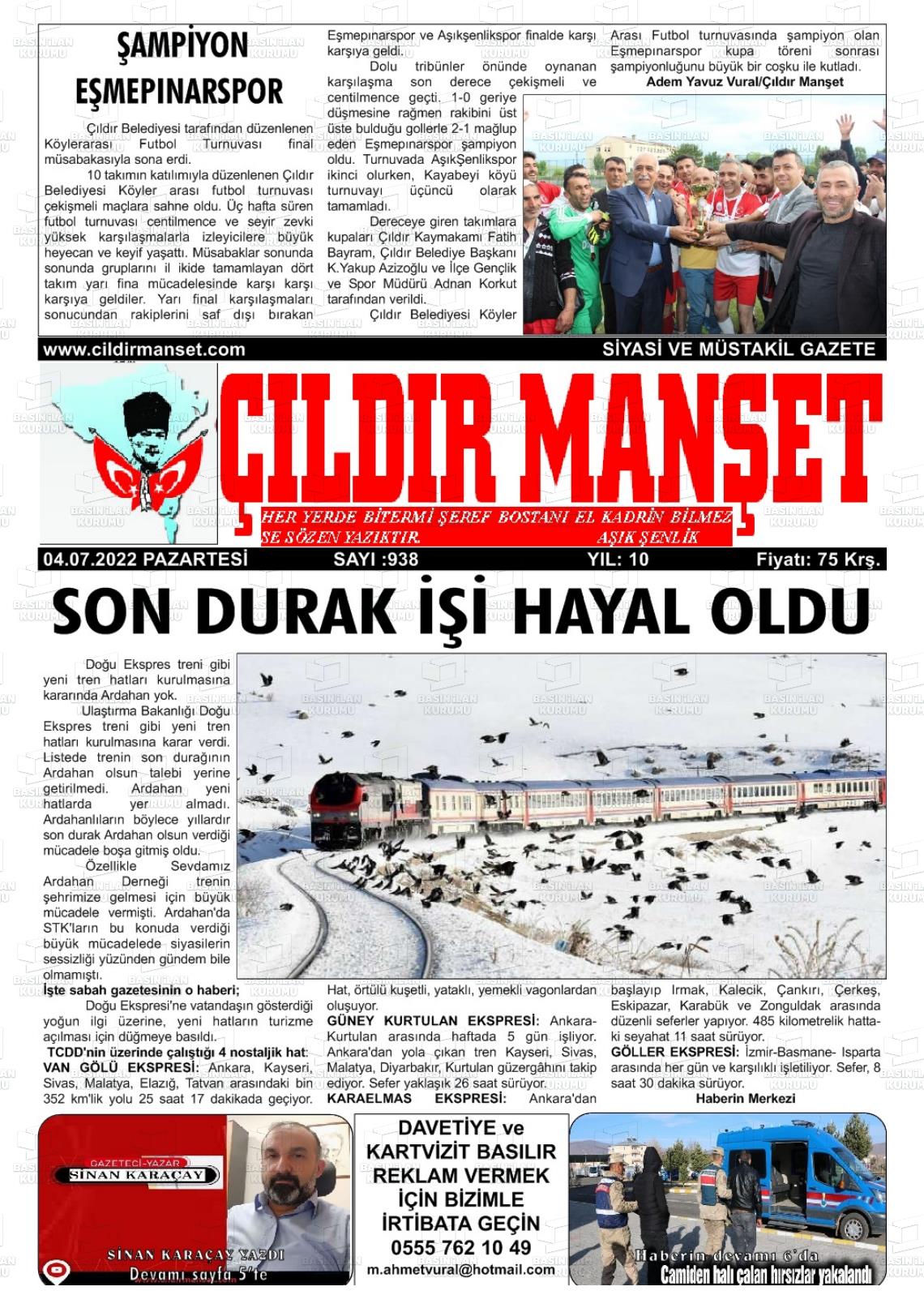 04 Temmuz 2022 Çıldır Manşet Gazete Manşeti