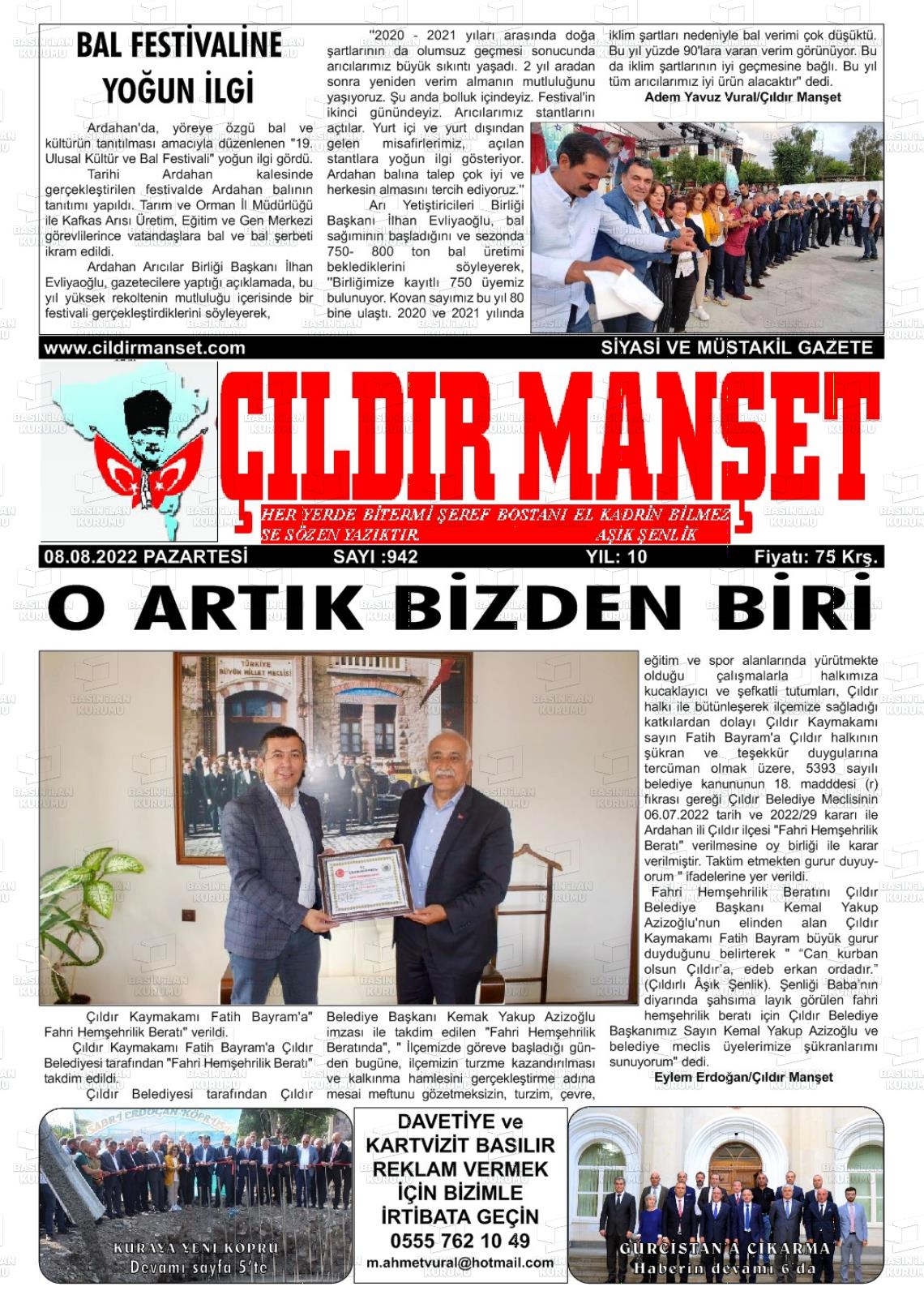 08 Ağustos 2022 Çıldır Manşet Gazete Manşeti