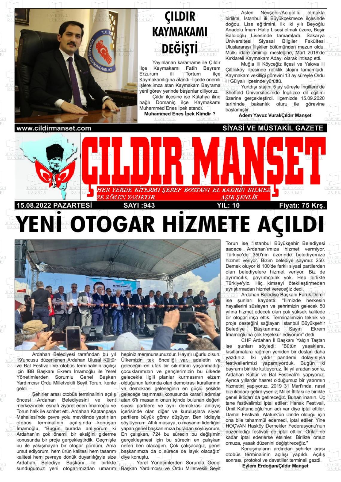 15 Ağustos 2022 Çıldır Manşet Gazete Manşeti