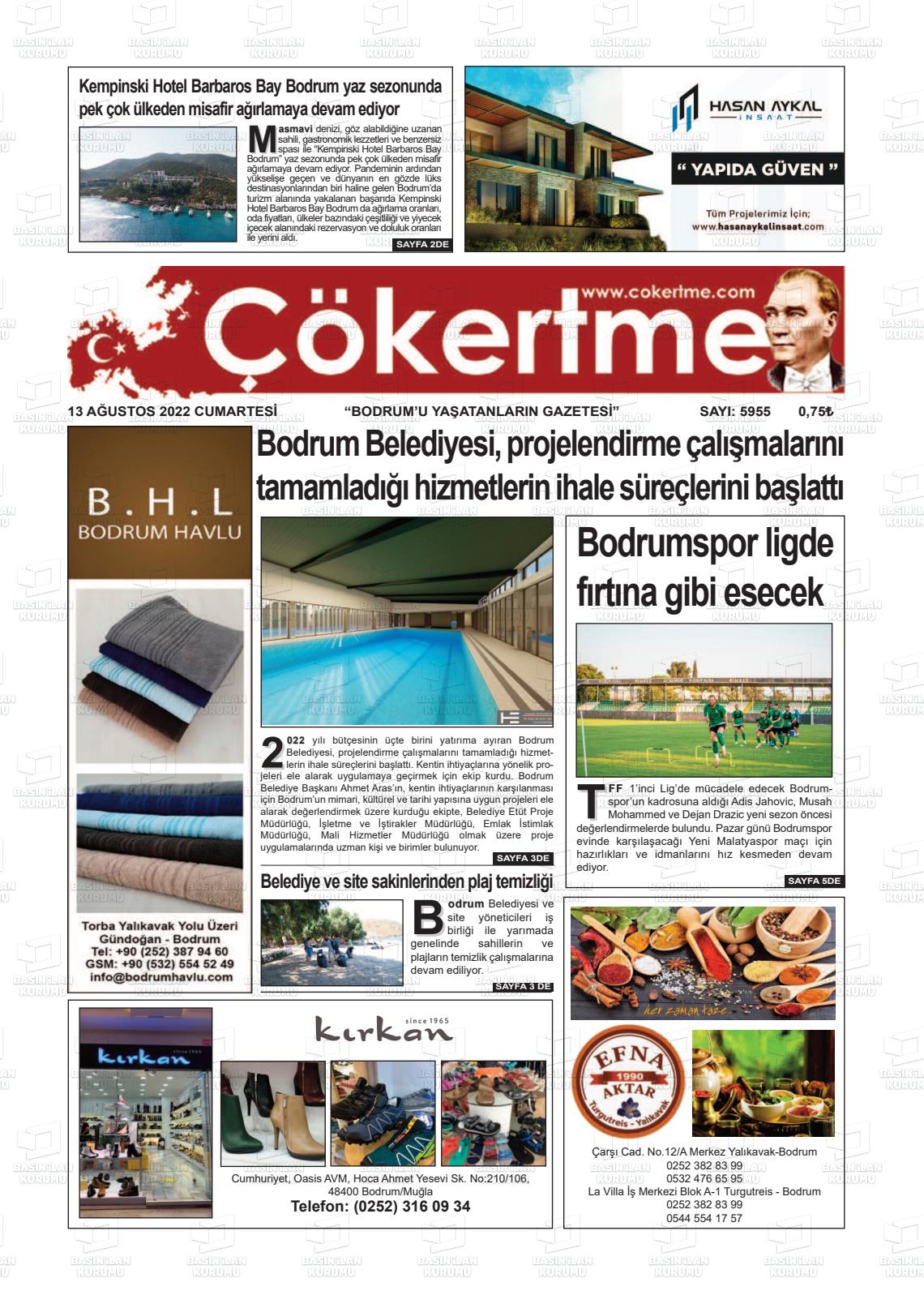 13 Ağustos 2022 Çökertme Gazete Manşeti