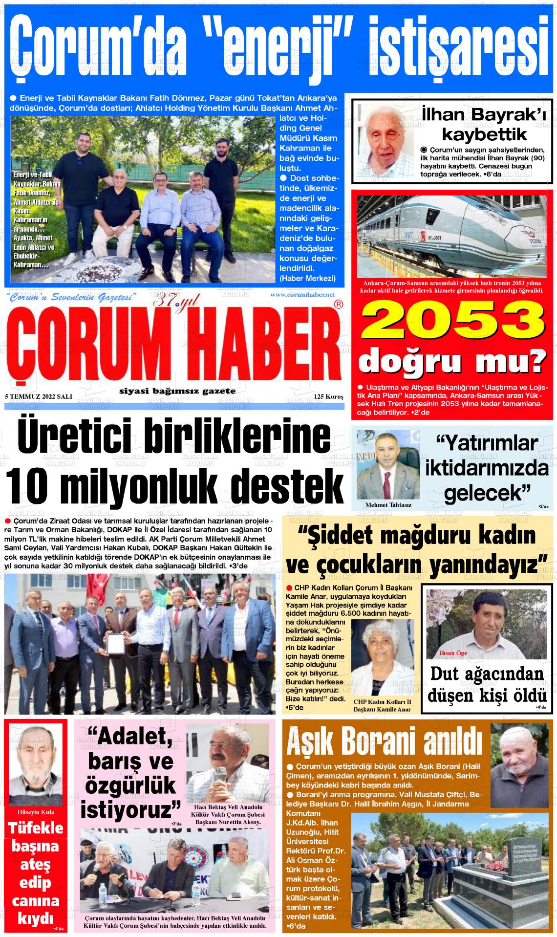 05 Temmuz 2022 Çorum Haber Gazete Manşeti