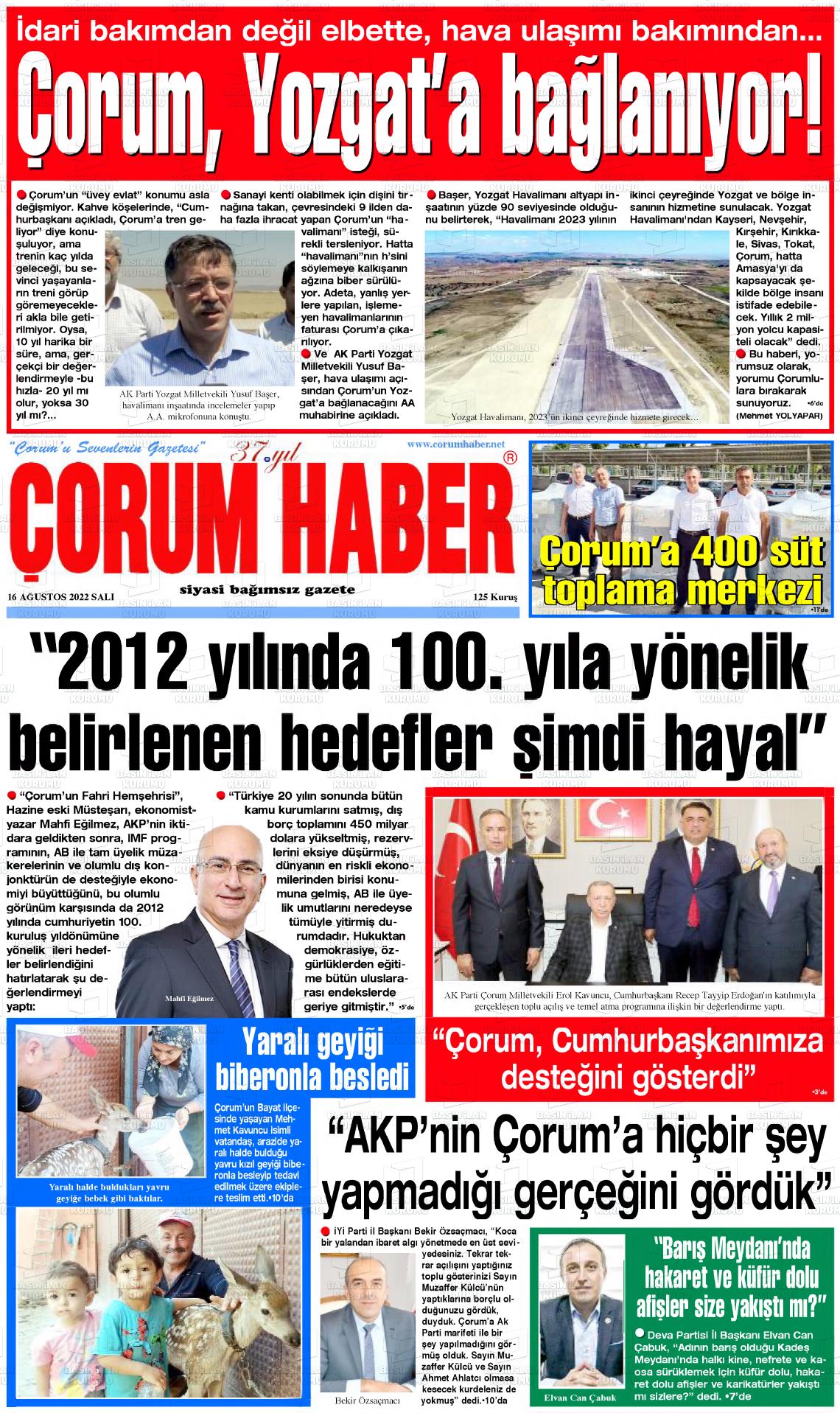16 Ağustos 2022 Çorum Haber Gazete Manşeti