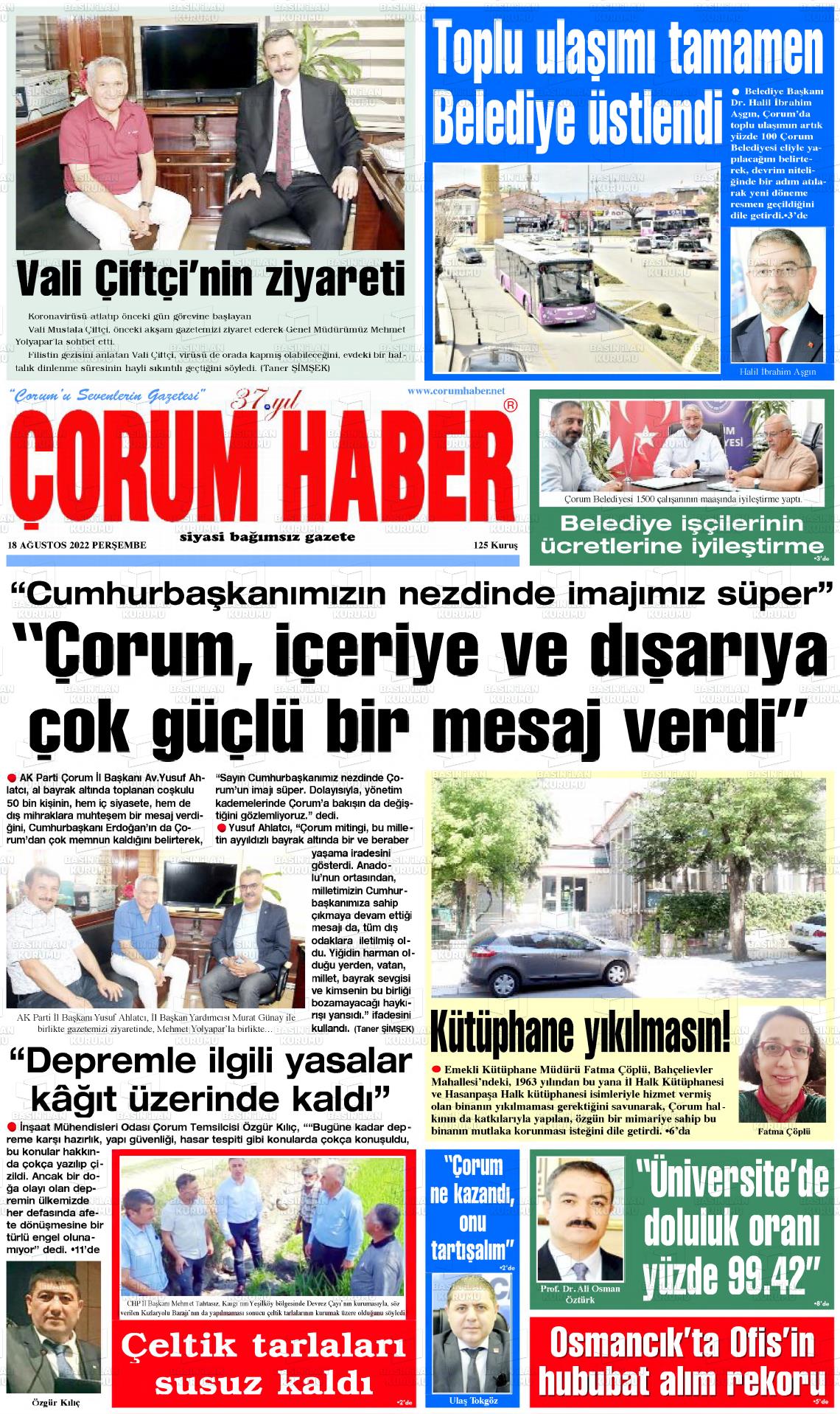 18 Ağustos 2022 Çorum Haber Gazete Manşeti