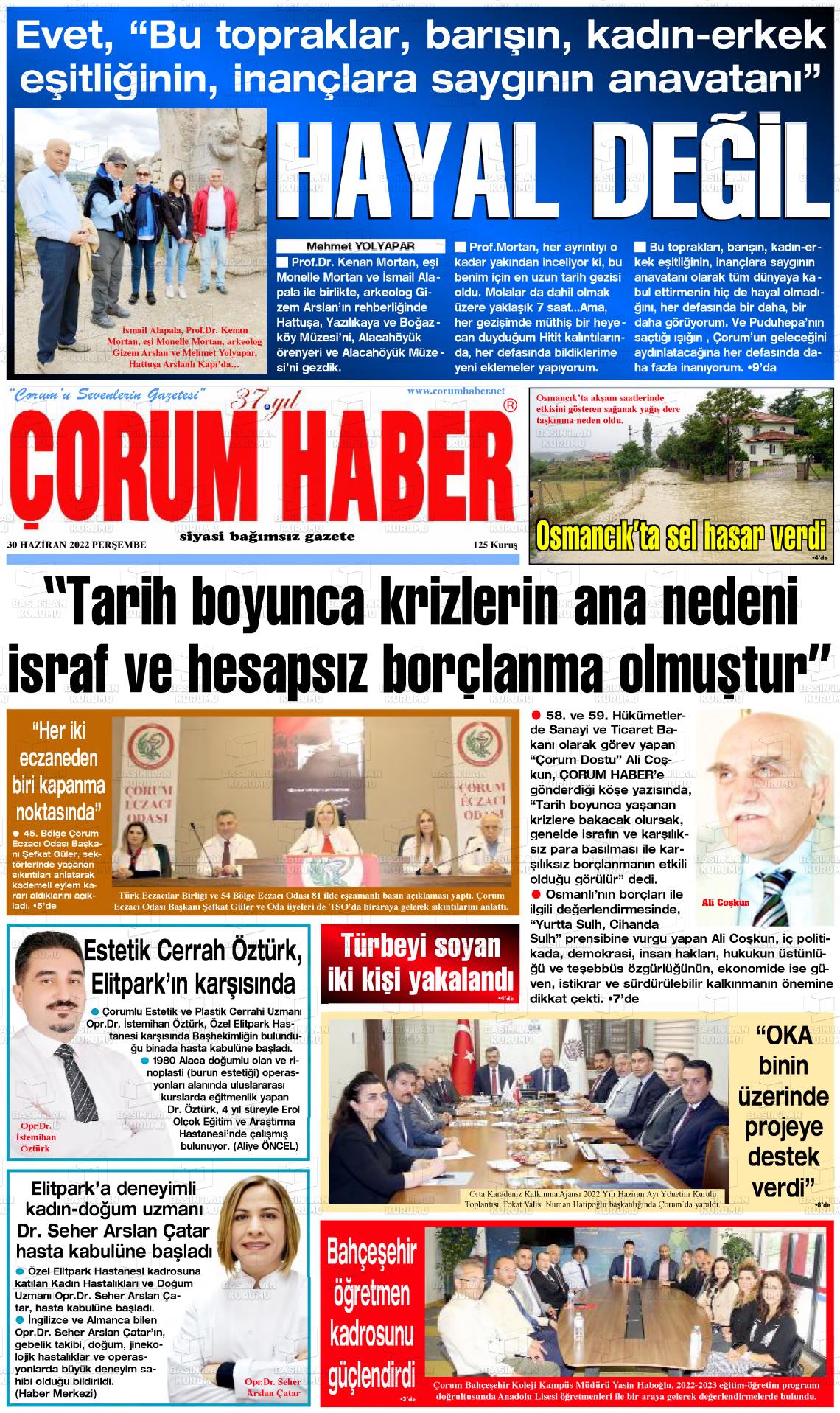 02 Temmuz 2022 Çorum Haber Gazete Manşeti