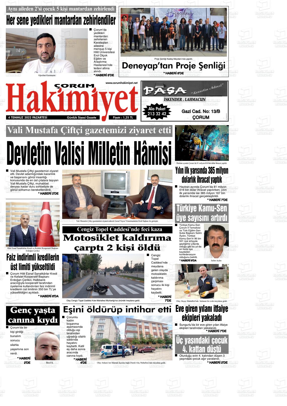 04 Temmuz 2022 Çorum Hakimiyet Gazete Manşeti