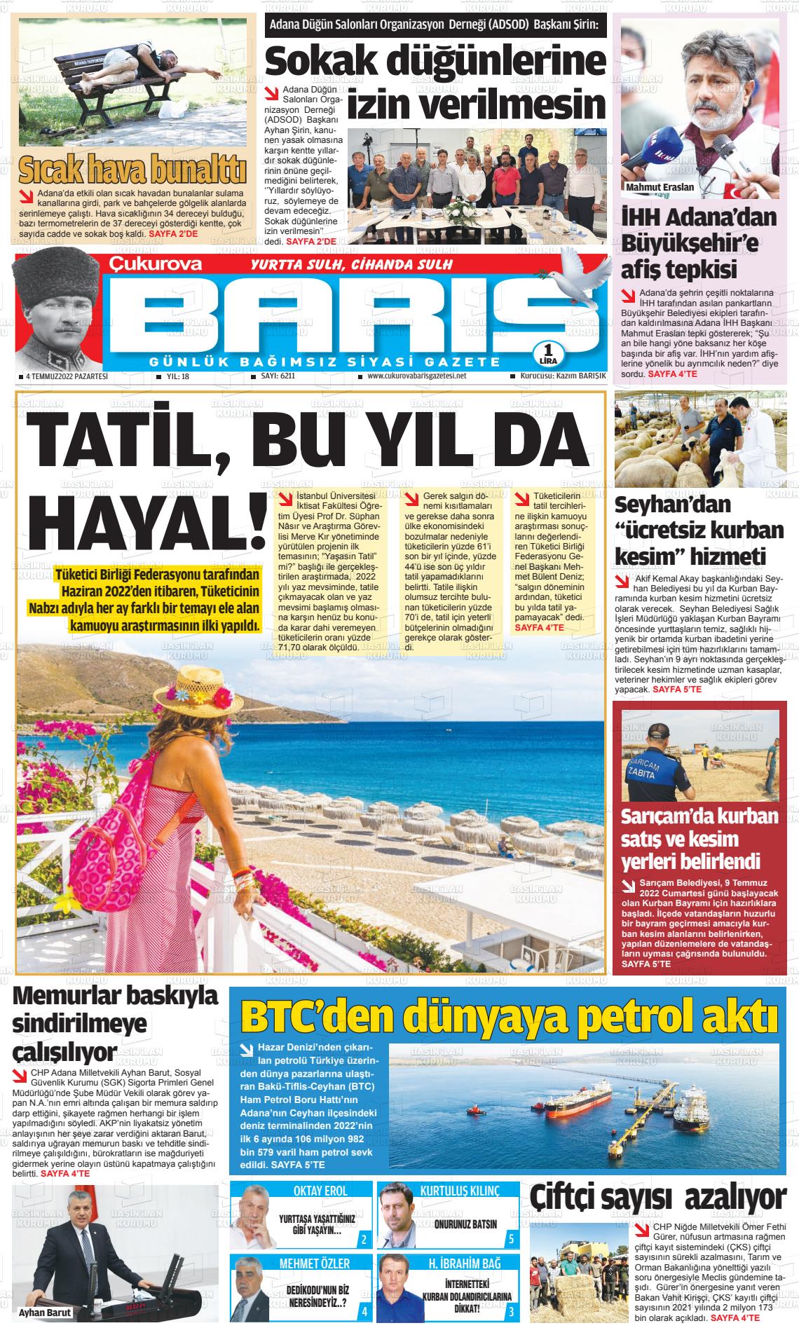 04 Temmuz 2022 Çukurova Barış Gazete Manşeti