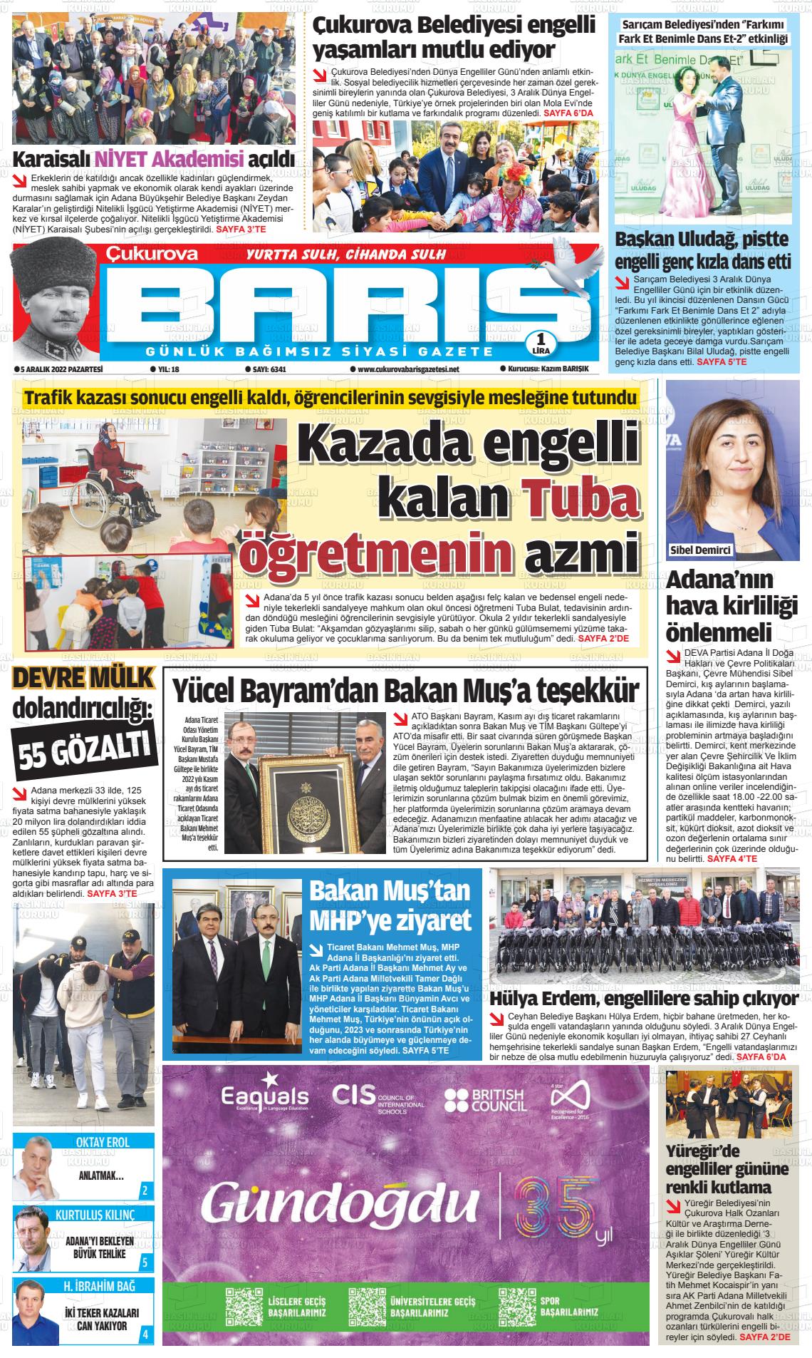 05 Aralık 2022 Çukurova Barış Gazete Manşeti