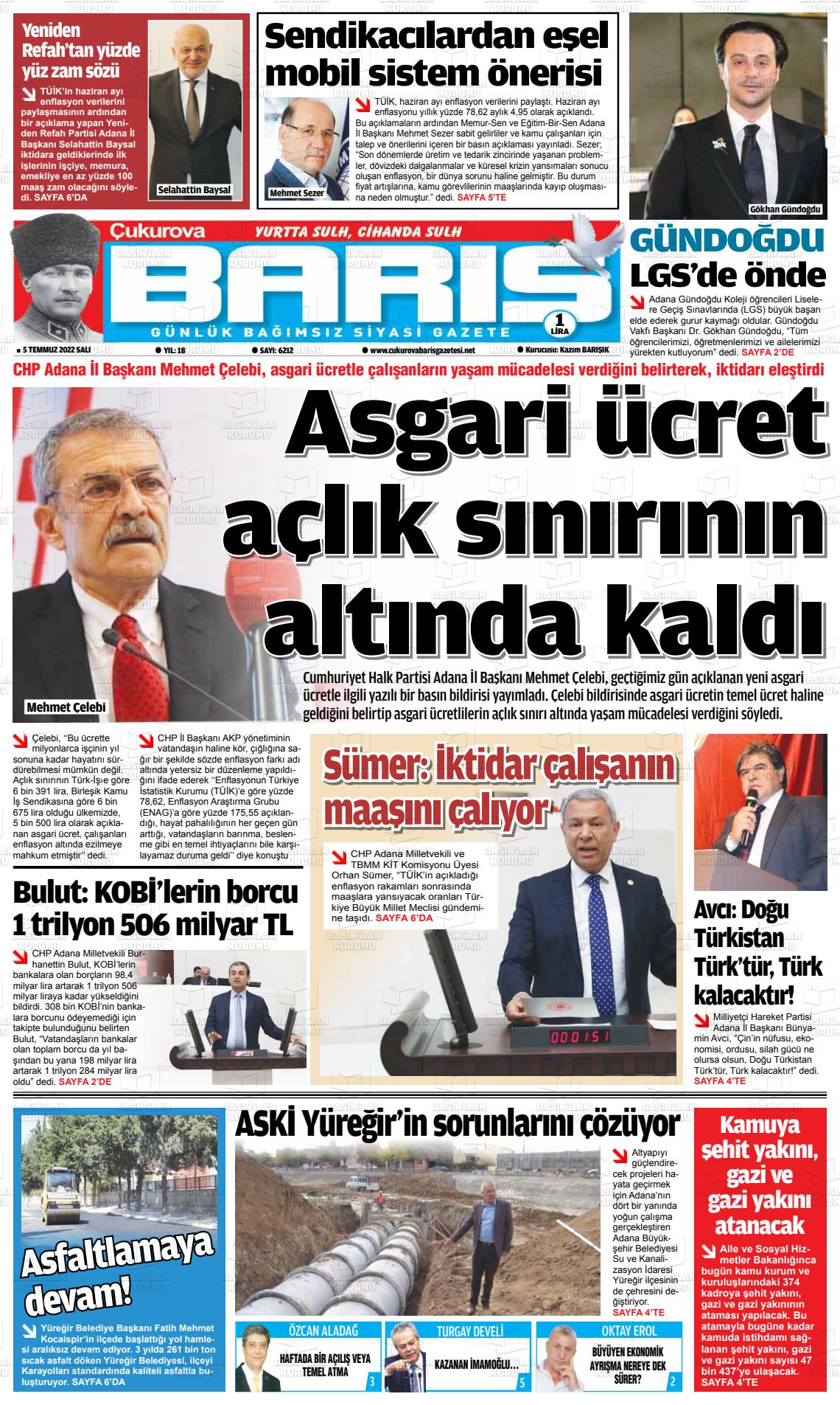 05 Temmuz 2022 Çukurova Barış Gazete Manşeti