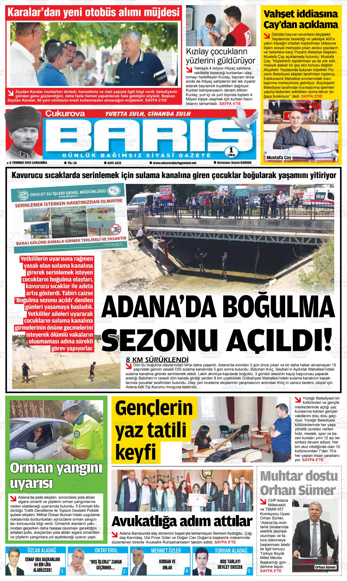 06 Temmuz 2022 Çukurova Barış Gazete Manşeti