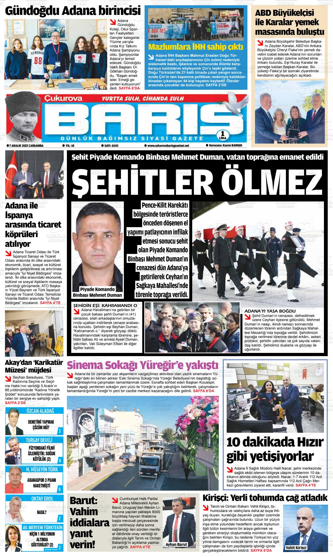 07 Aralık 2022 Çukurova Barış Gazete Manşeti