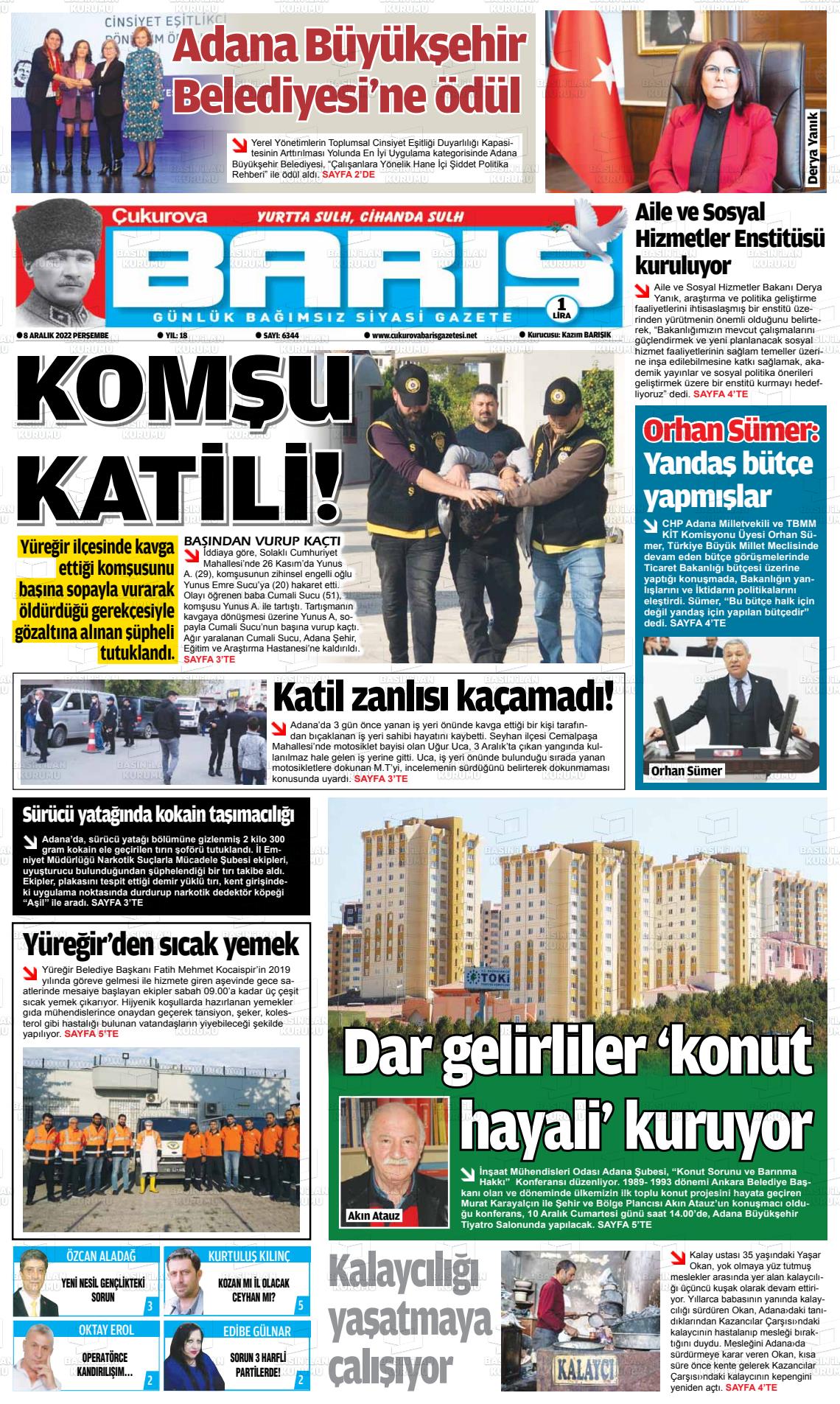 08 Aralık 2022 Çukurova Barış Gazete Manşeti