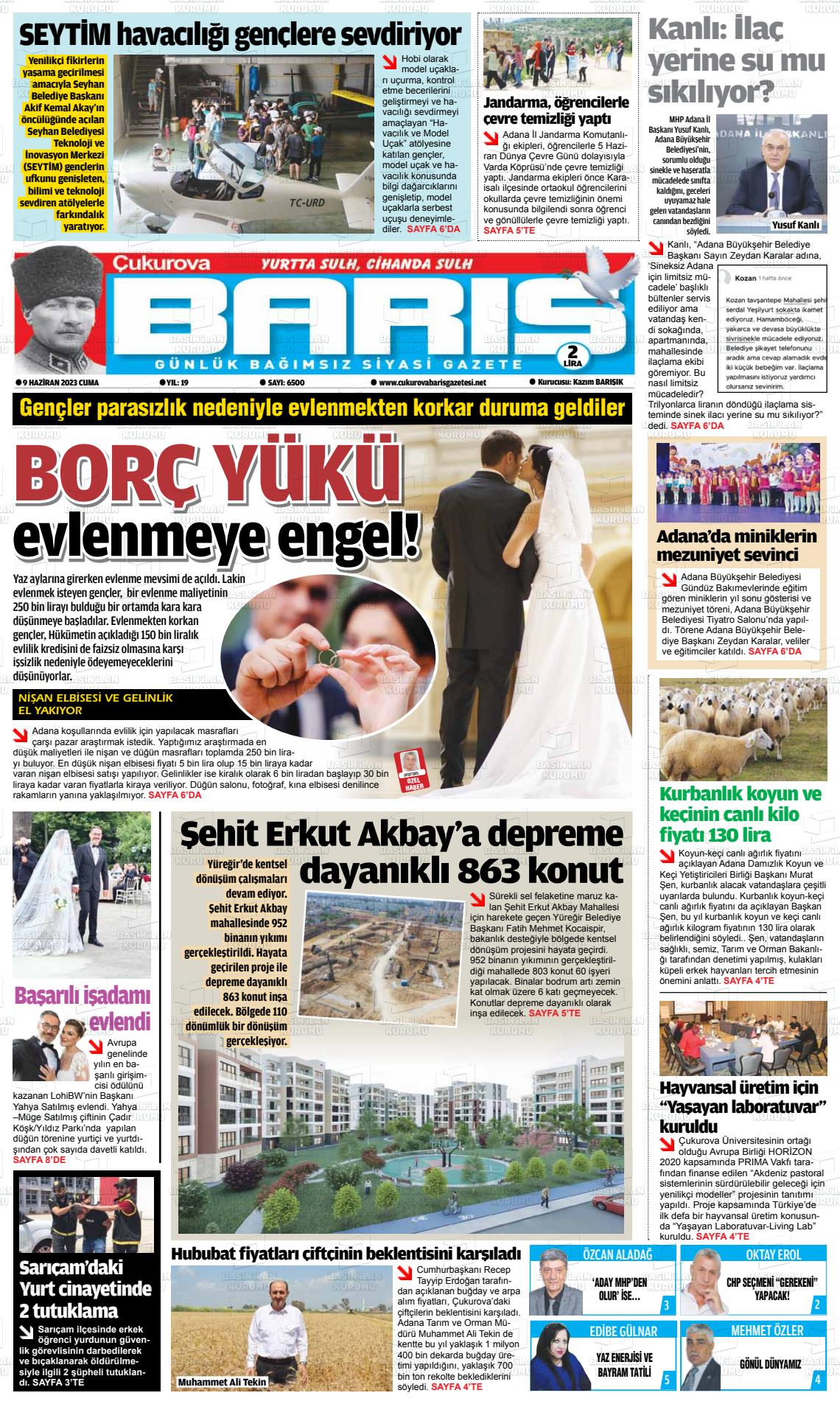 10 Haziran 2023 Çukurova Barış Gazete Manşeti
