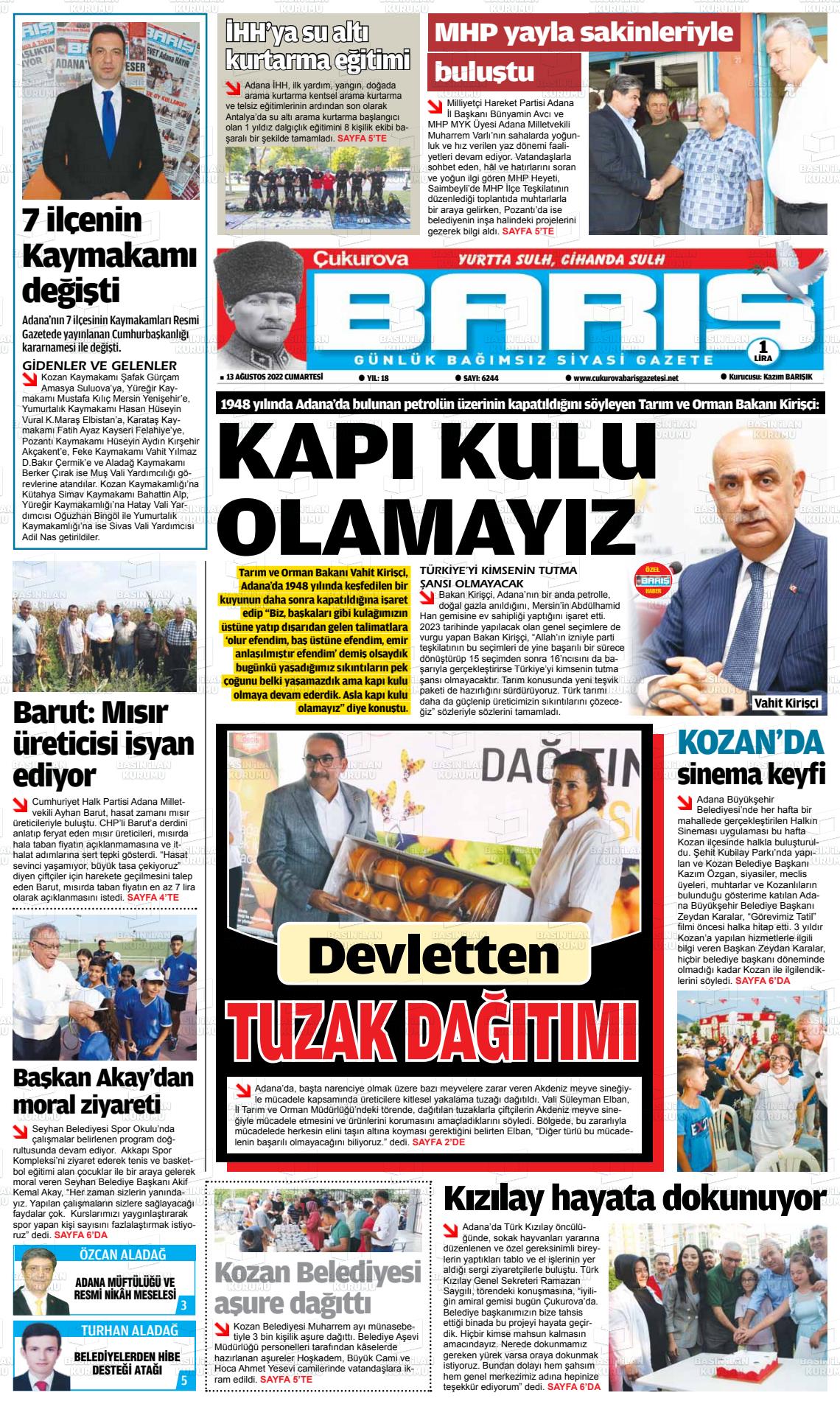 Çukurova Barış Gazete Manşeti