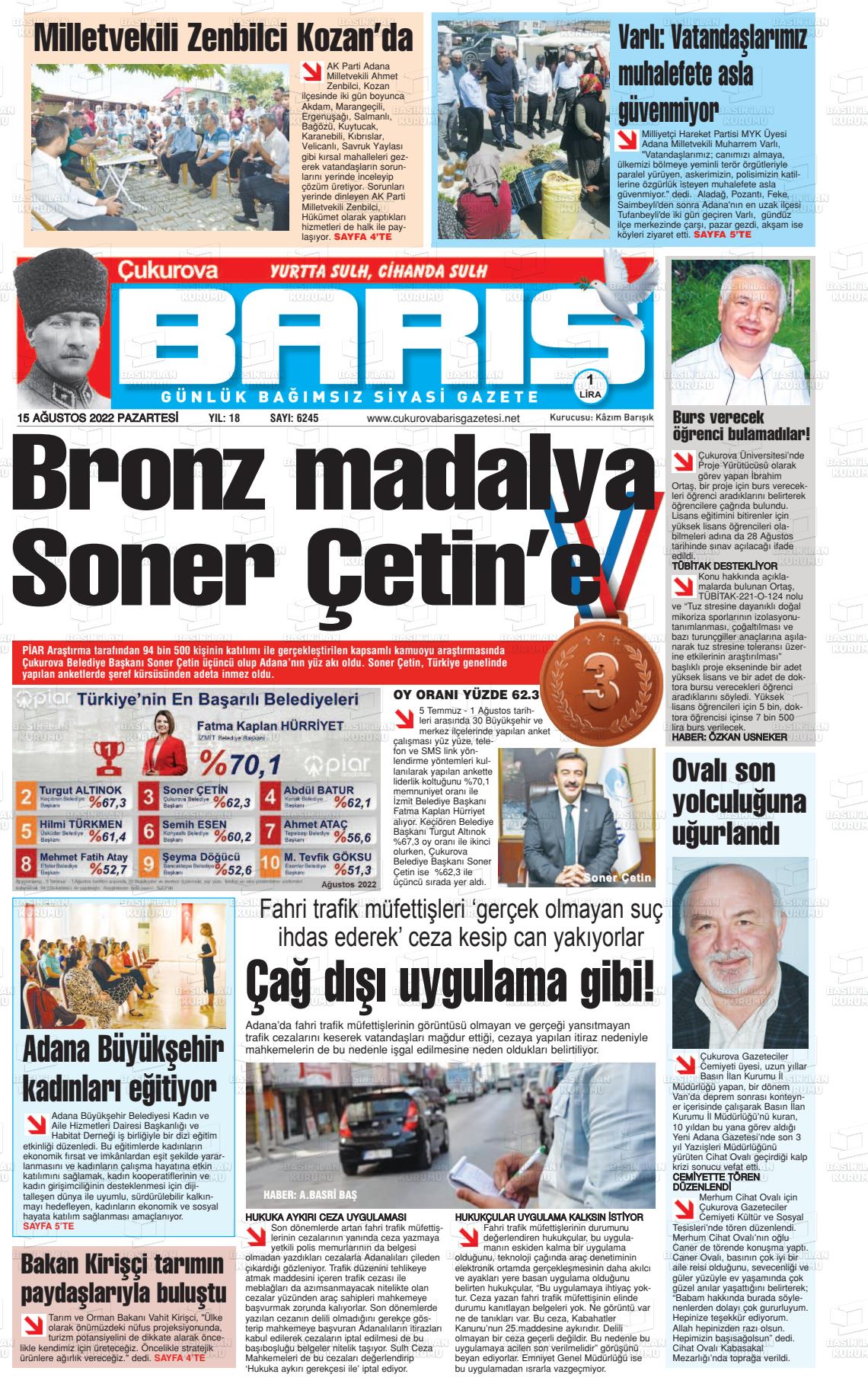 15 Ağustos 2022 Çukurova Barış Gazete Manşeti