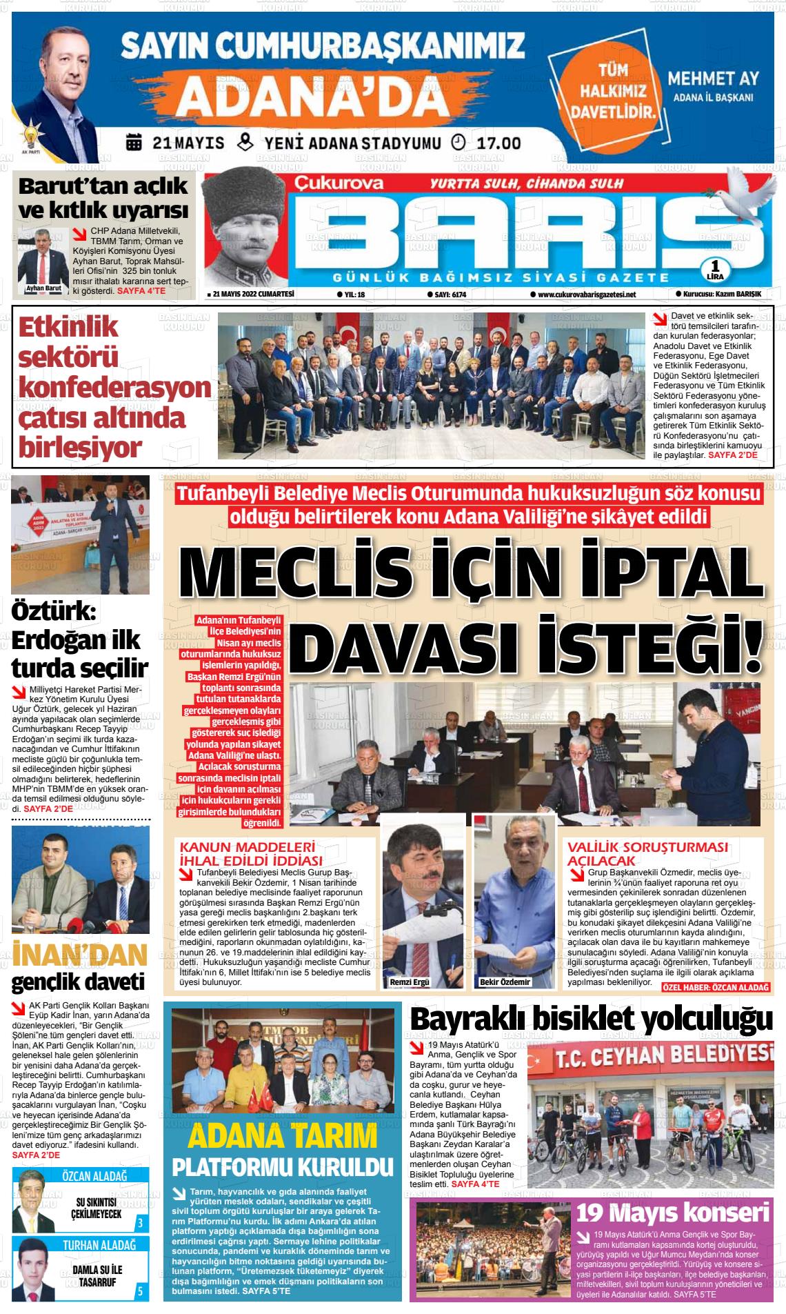 21 Mayıs 2022 Çukurova Barış Gazete Manşeti