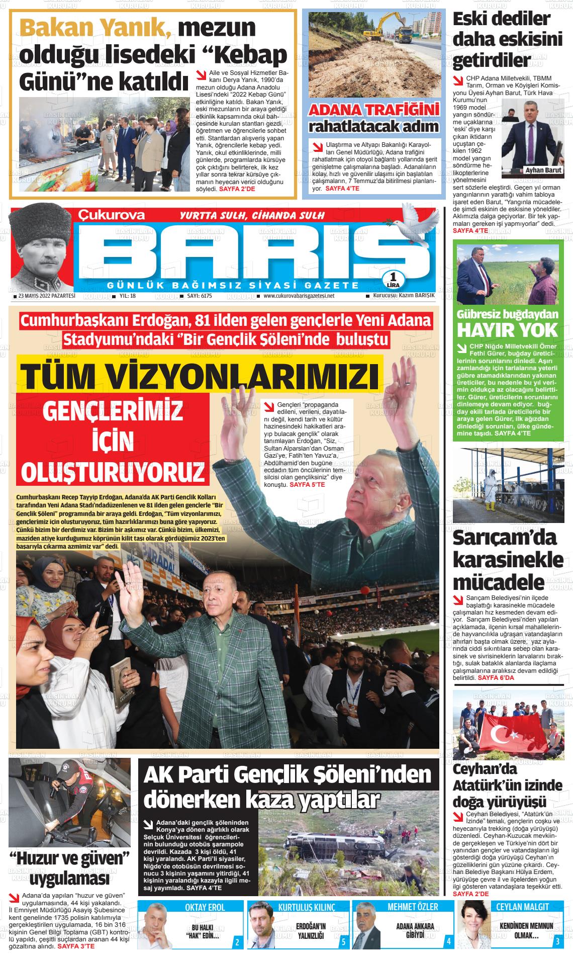23 Mayıs 2022 Çukurova Barış Gazete Manşeti