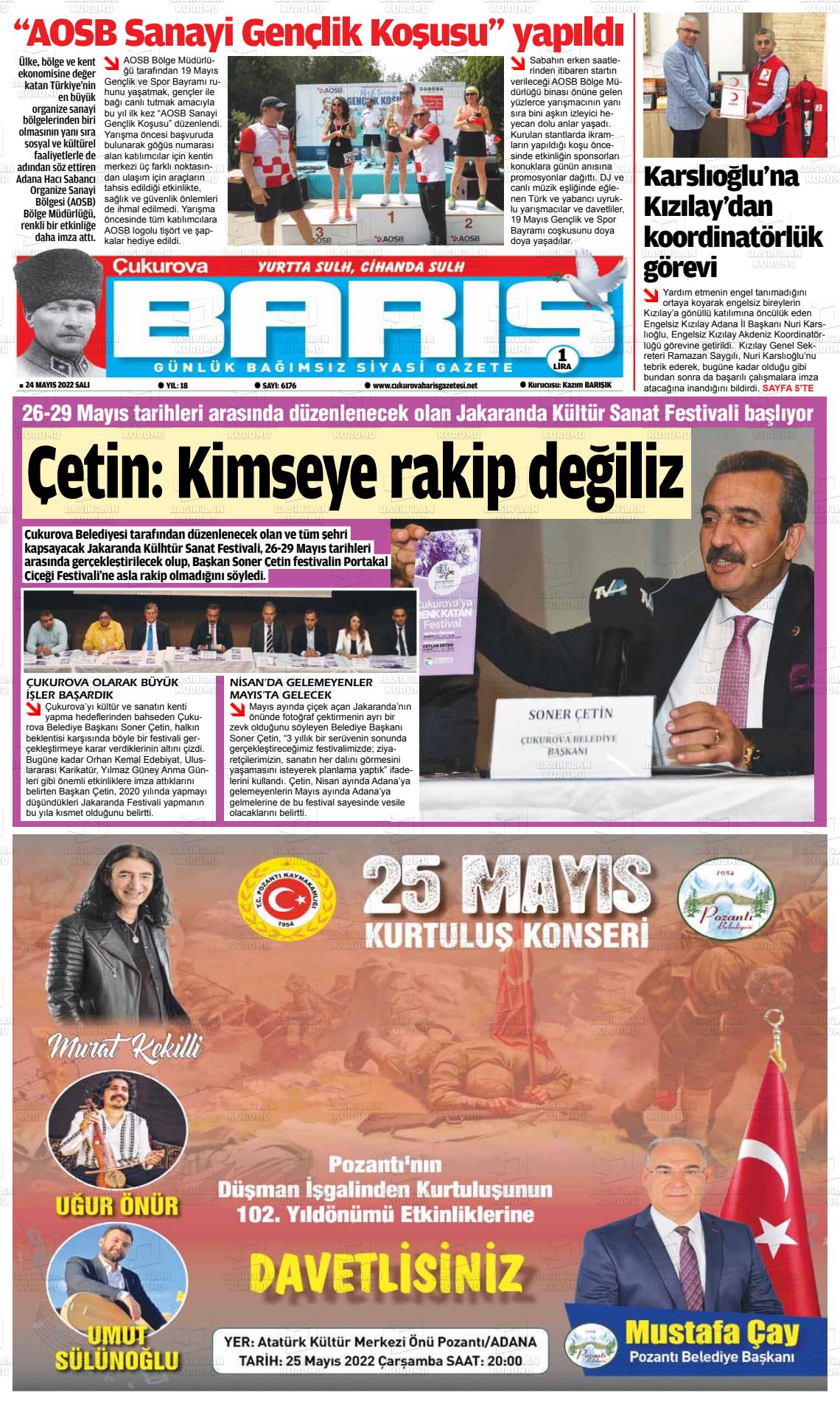 24 Mayıs 2022 Çukurova Barış Gazete Manşeti