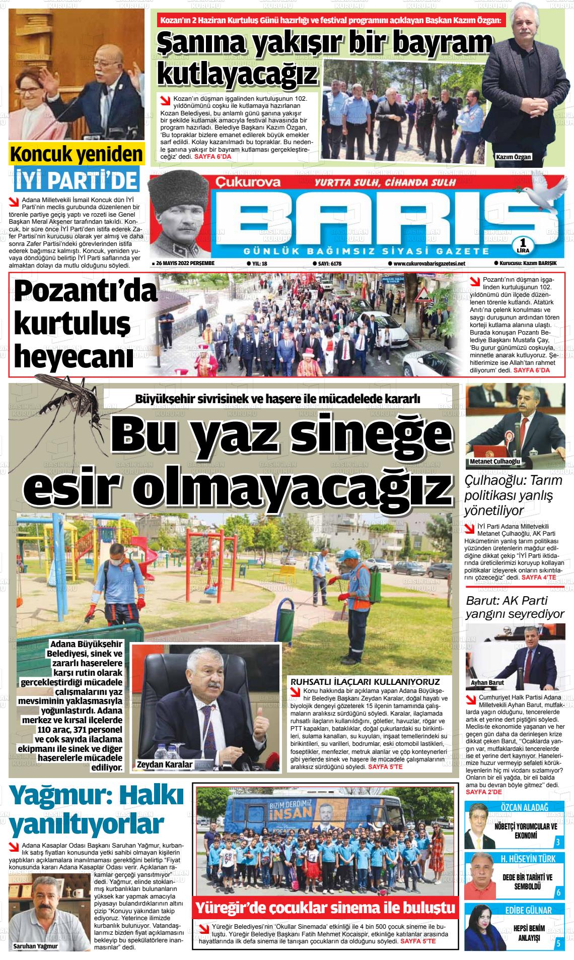 26 Mayıs 2022 Çukurova Barış Gazete Manşeti