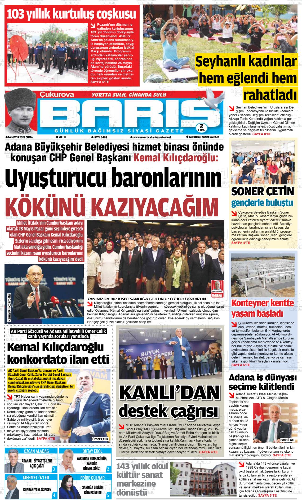 26 Mayıs 2023 Çukurova Barış Gazete Manşeti