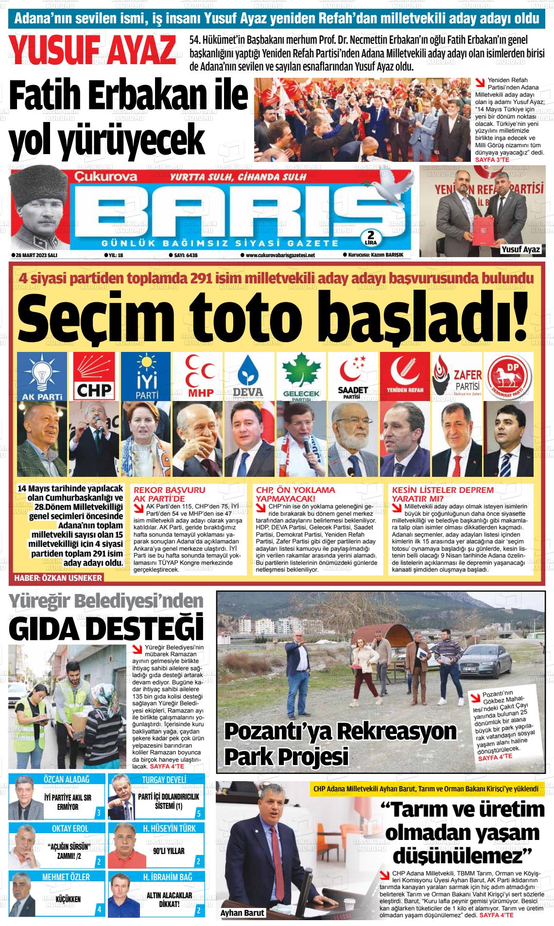 28 Mart 2023 Çukurova Barış Gazete Manşeti