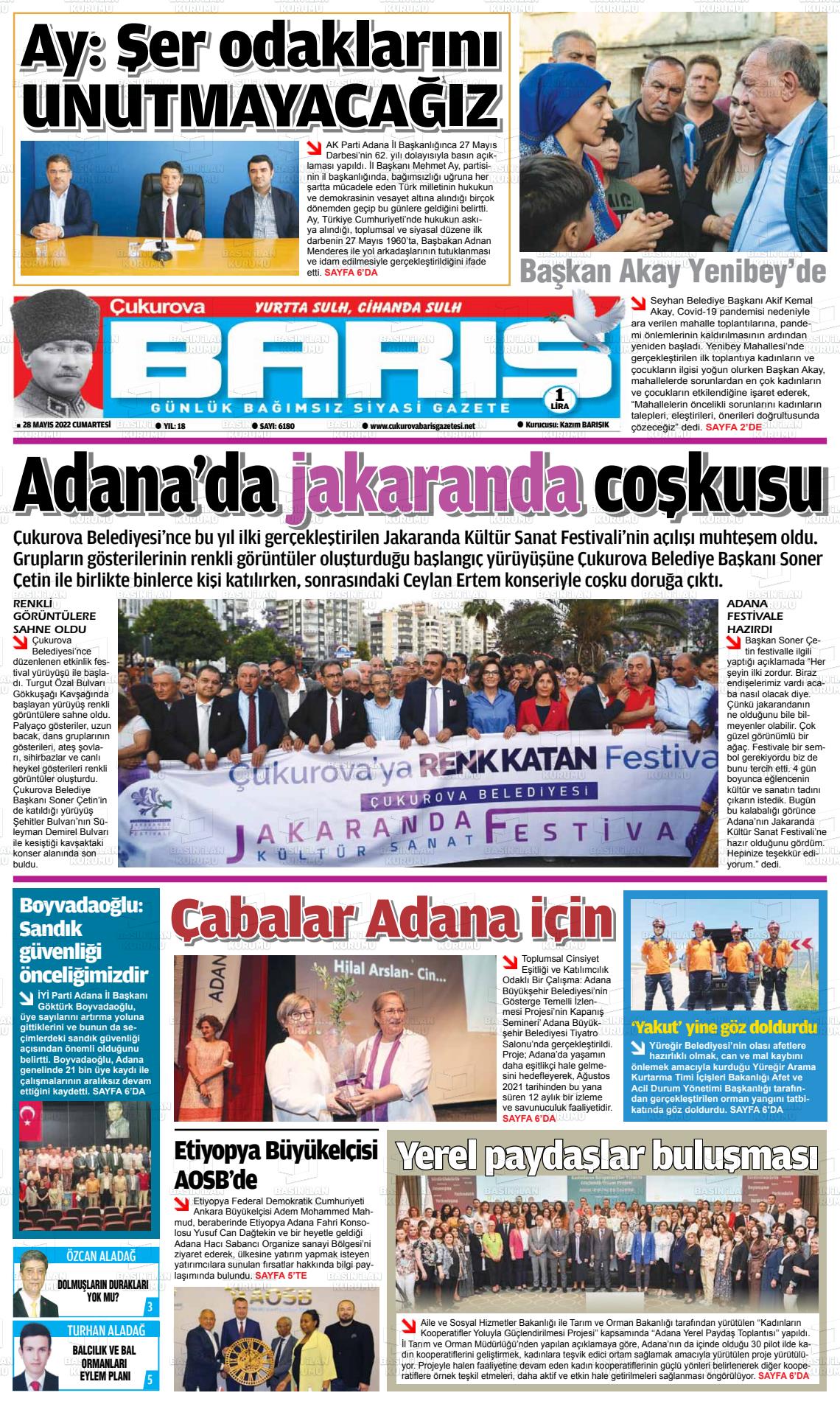 28 Mayıs 2022 Çukurova Barış Gazete Manşeti