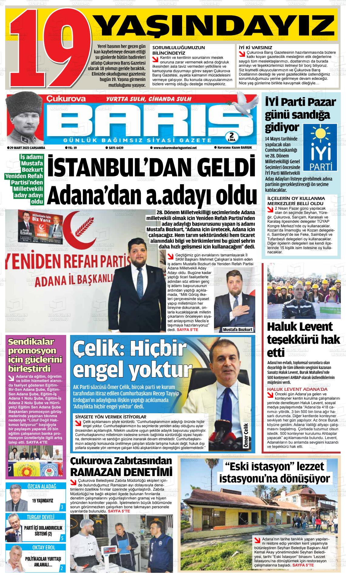 29 Mart 2023 Çukurova Barış Gazete Manşeti
