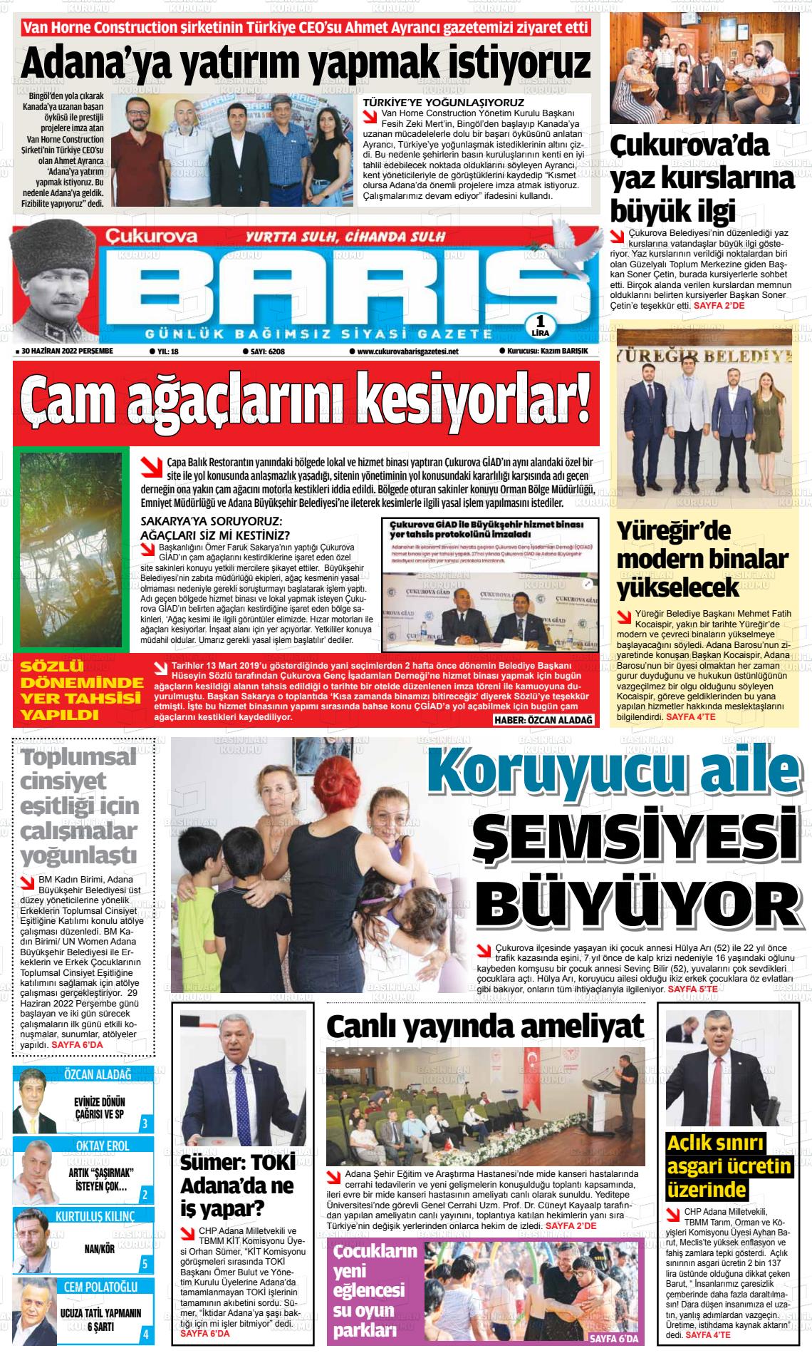 02 Temmuz 2022 Çukurova Barış Gazete Manşeti