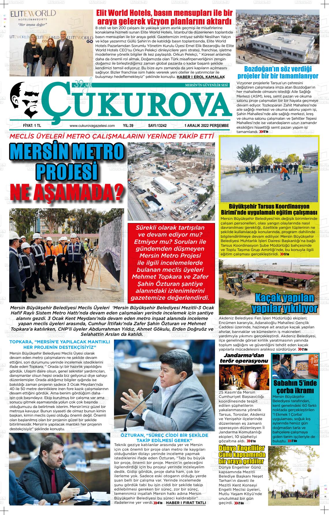 01 Aralık 2022 Çukurova Gazete Manşeti