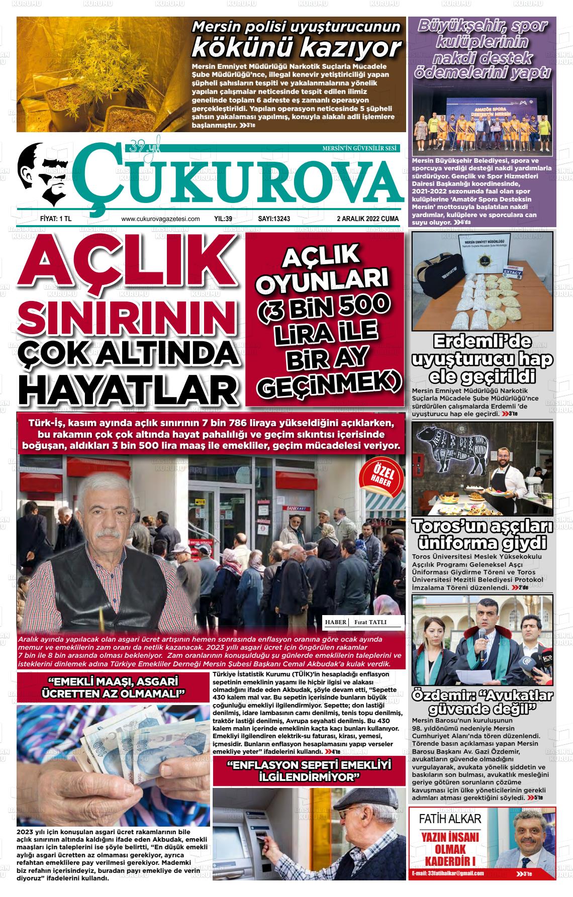 02 Aralık 2022 Çukurova Gazete Manşeti