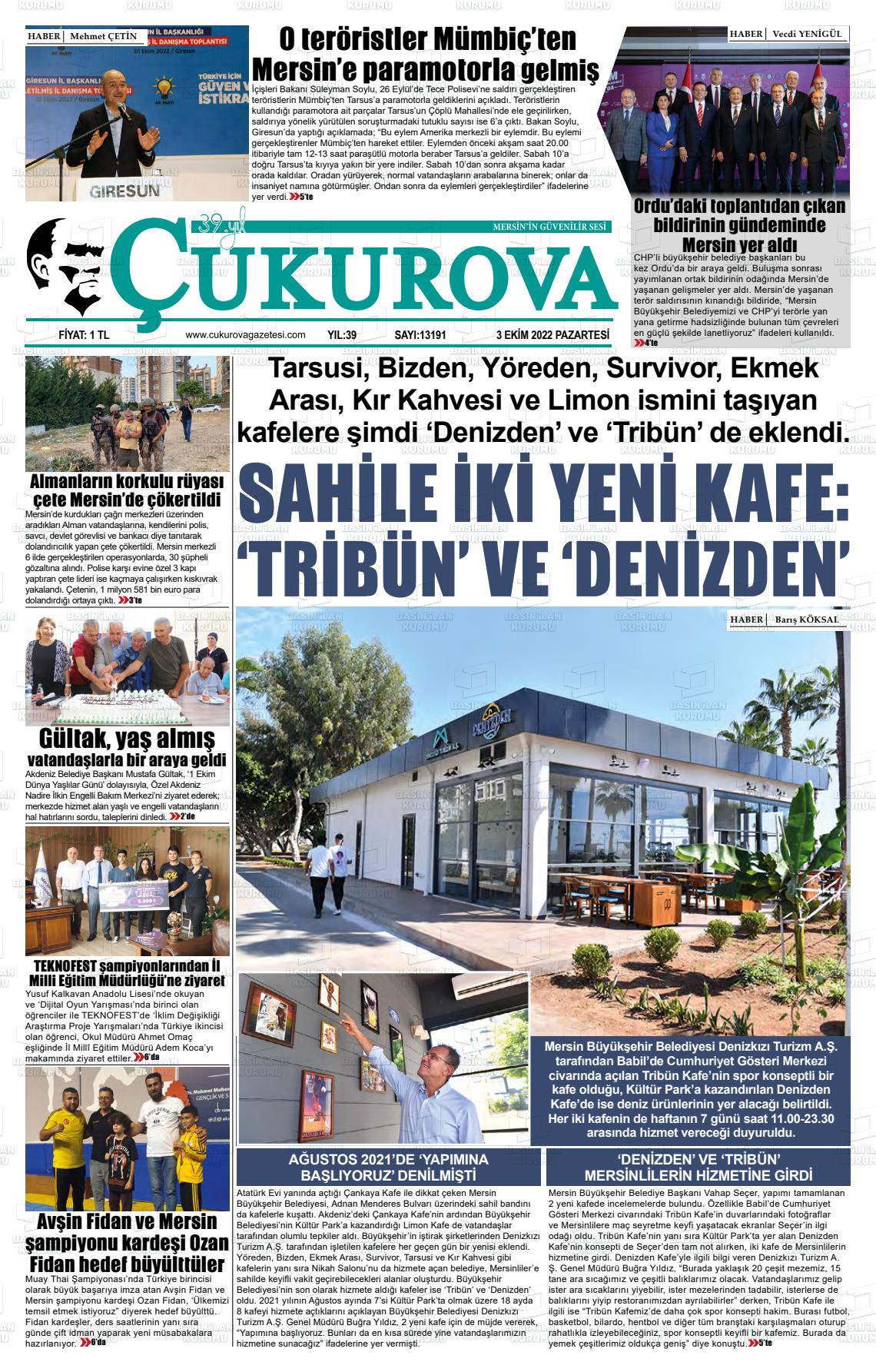 03 Ekim 2022 Çukurova Gazete Manşeti