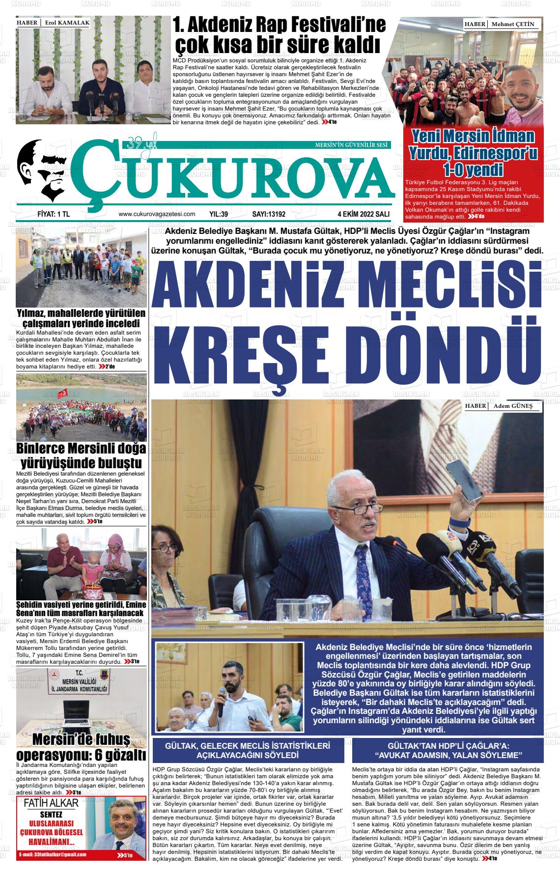 04 Ekim 2022 Çukurova Gazete Manşeti