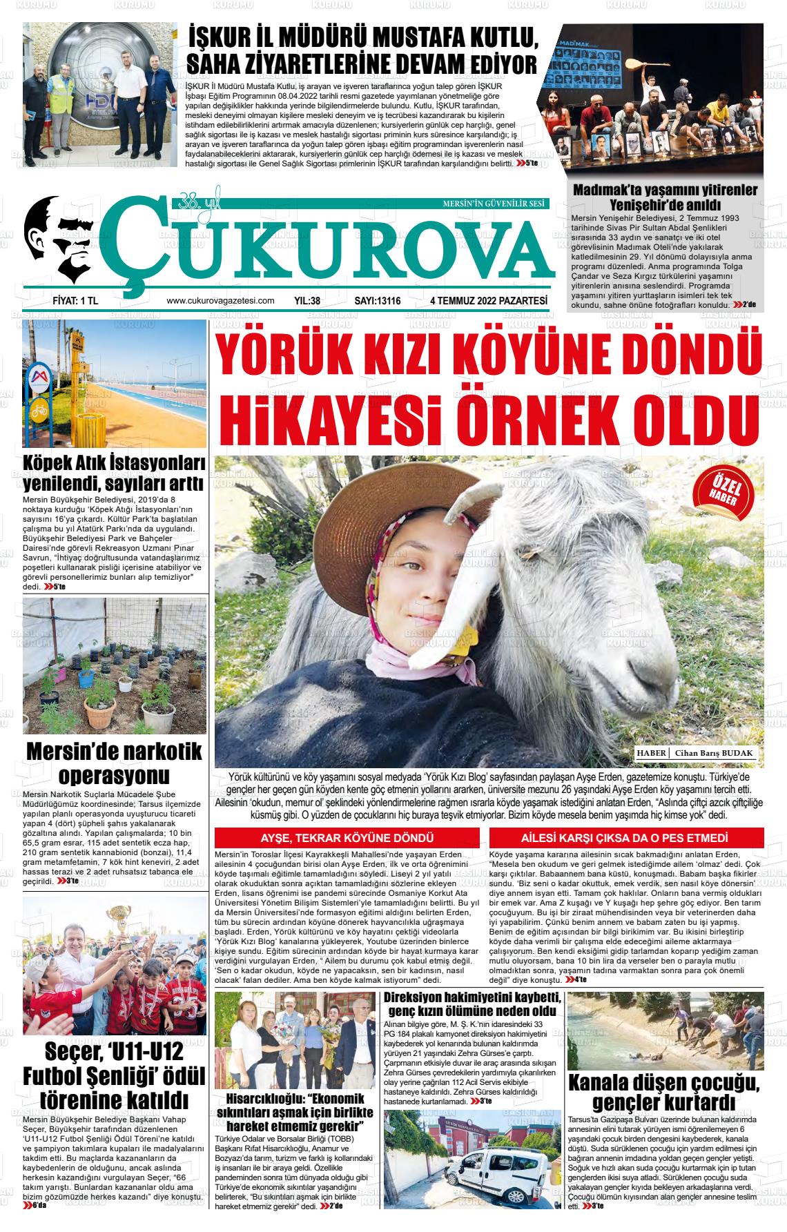 04 Temmuz 2022 Çukurova Gazete Manşeti
