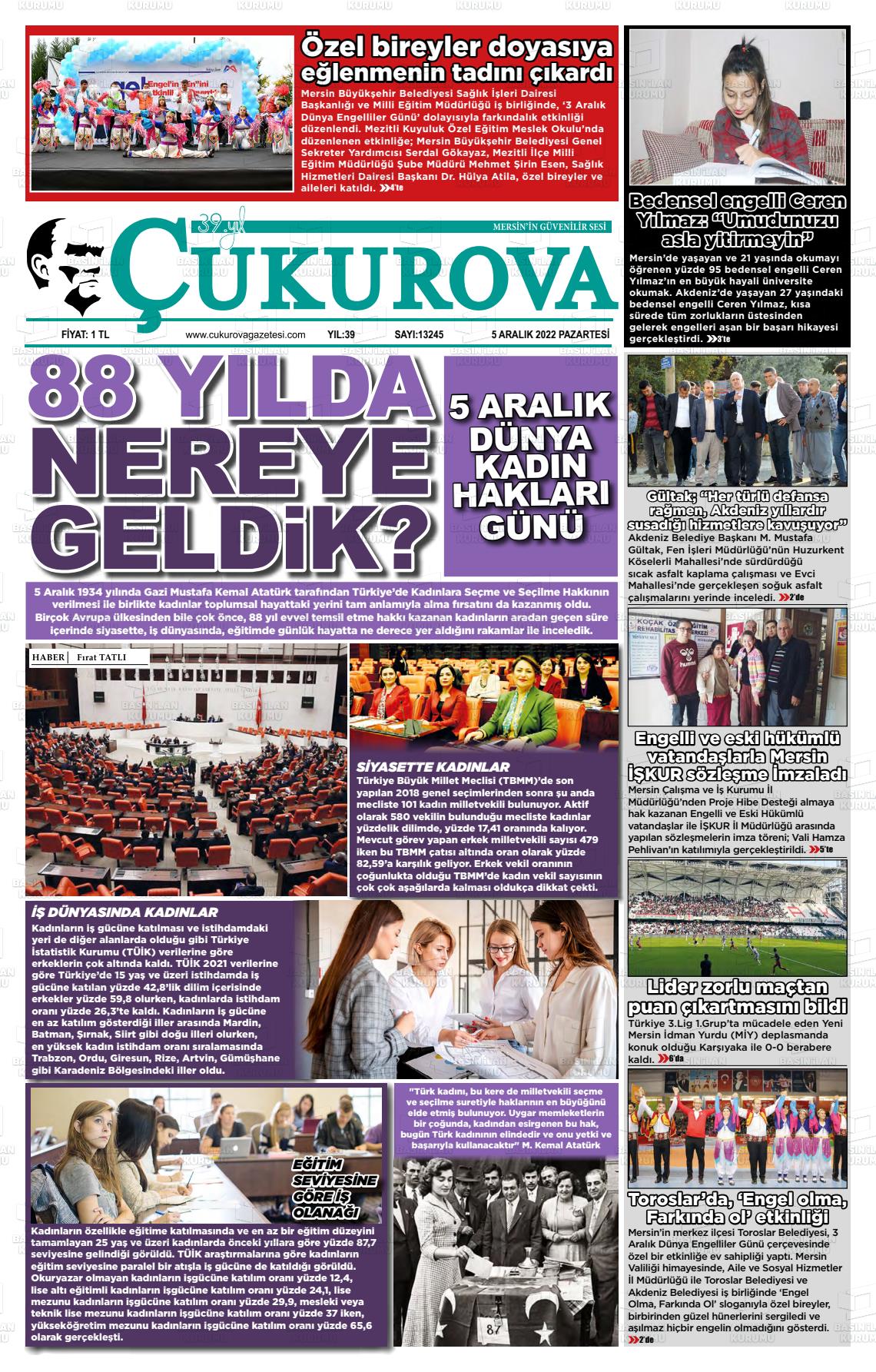 05 Aralık 2022 Çukurova Gazete Manşeti