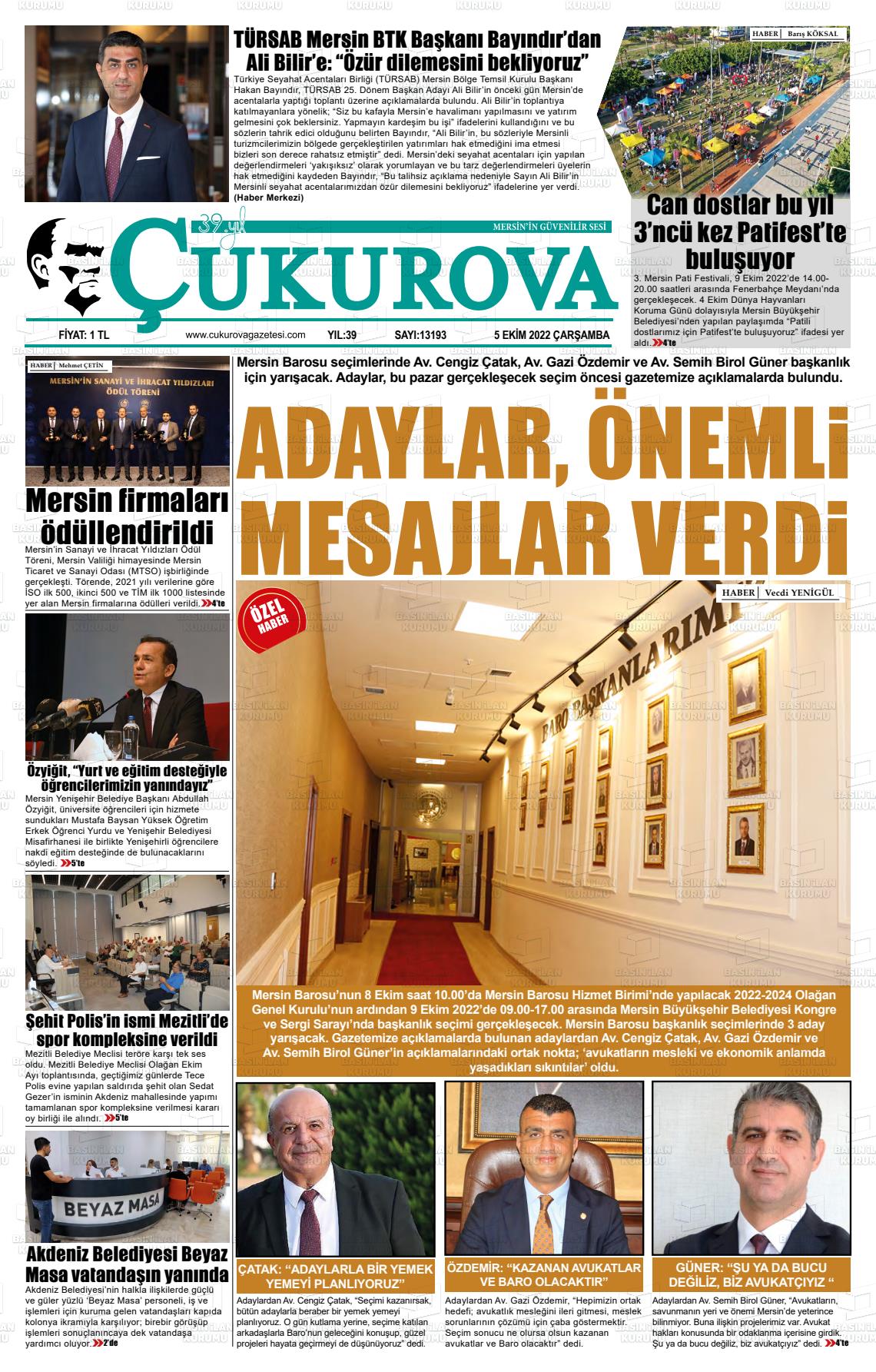 05 Ekim 2022 Çukurova Gazete Manşeti