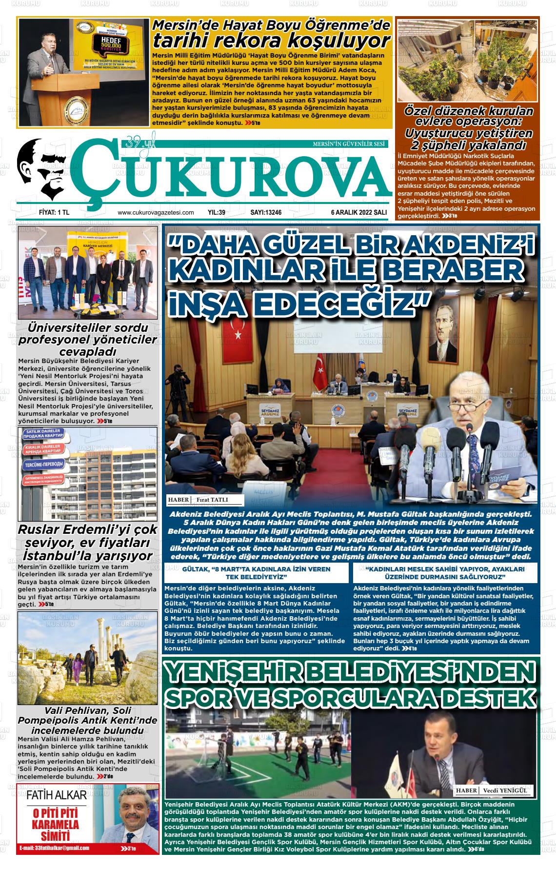 06 Aralık 2022 Çukurova Gazete Manşeti